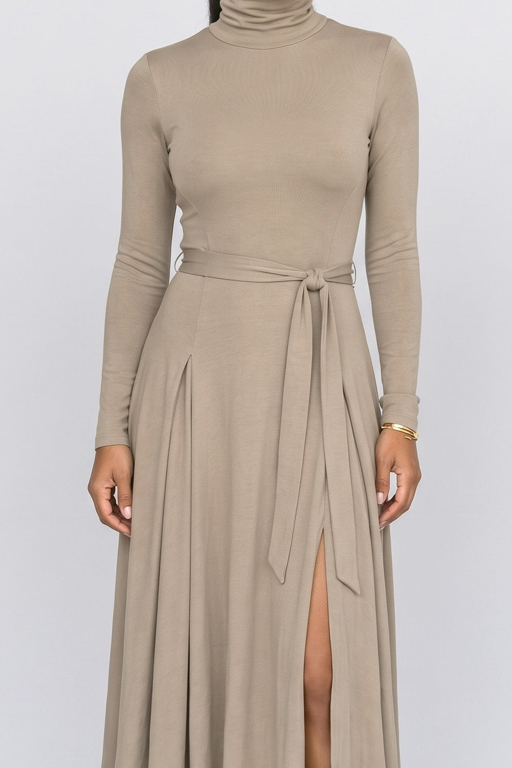 Brown Knit Turtleneck Midi Dress, fabric detail