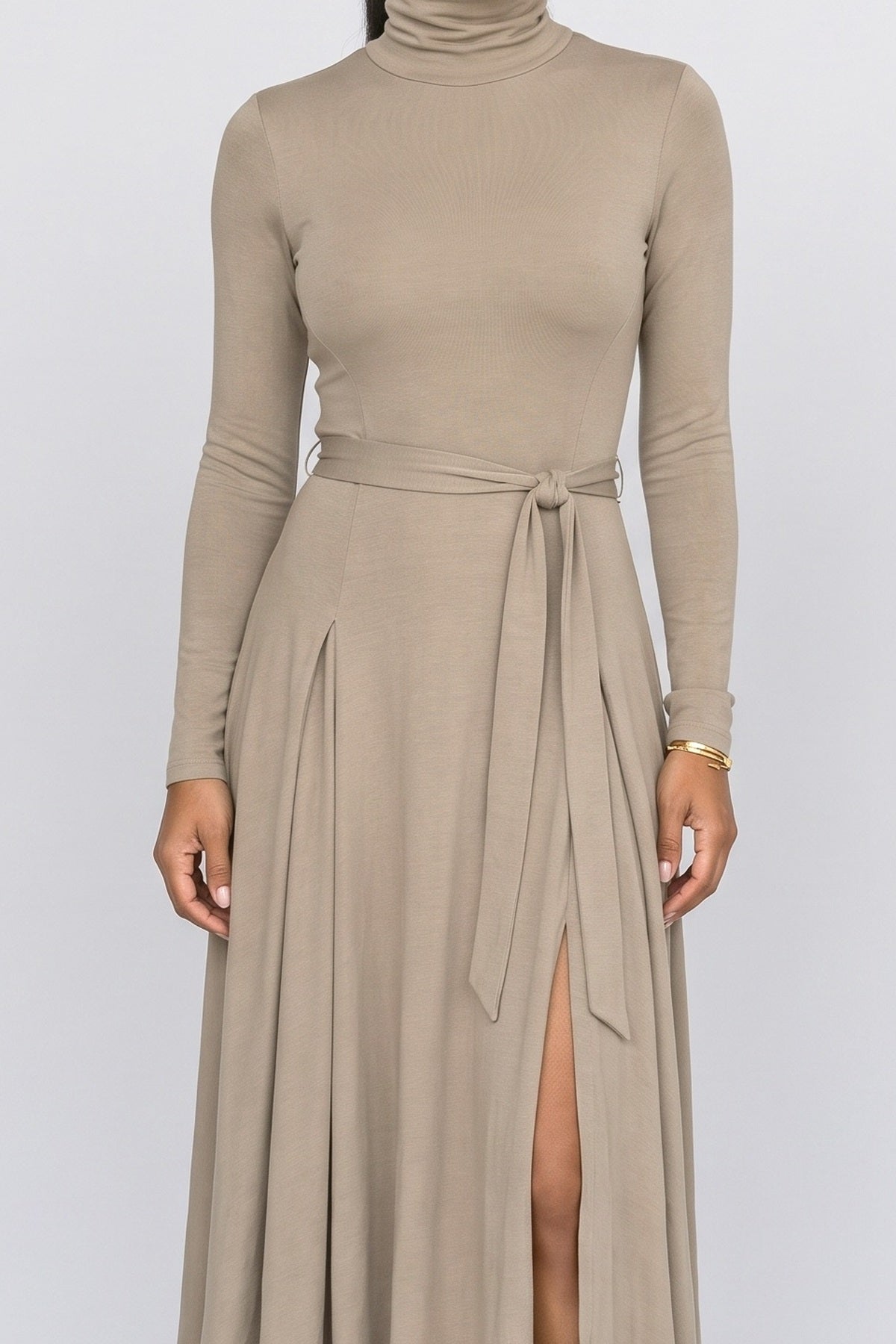 Brown Knit Turtleneck Midi Dress, fabric detail