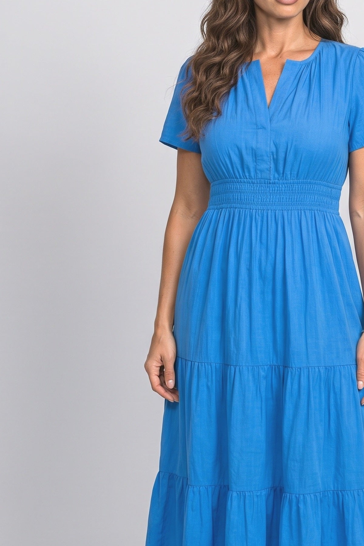 V-Neck Short Sleeve Tiered Midi Dress, fabric detail