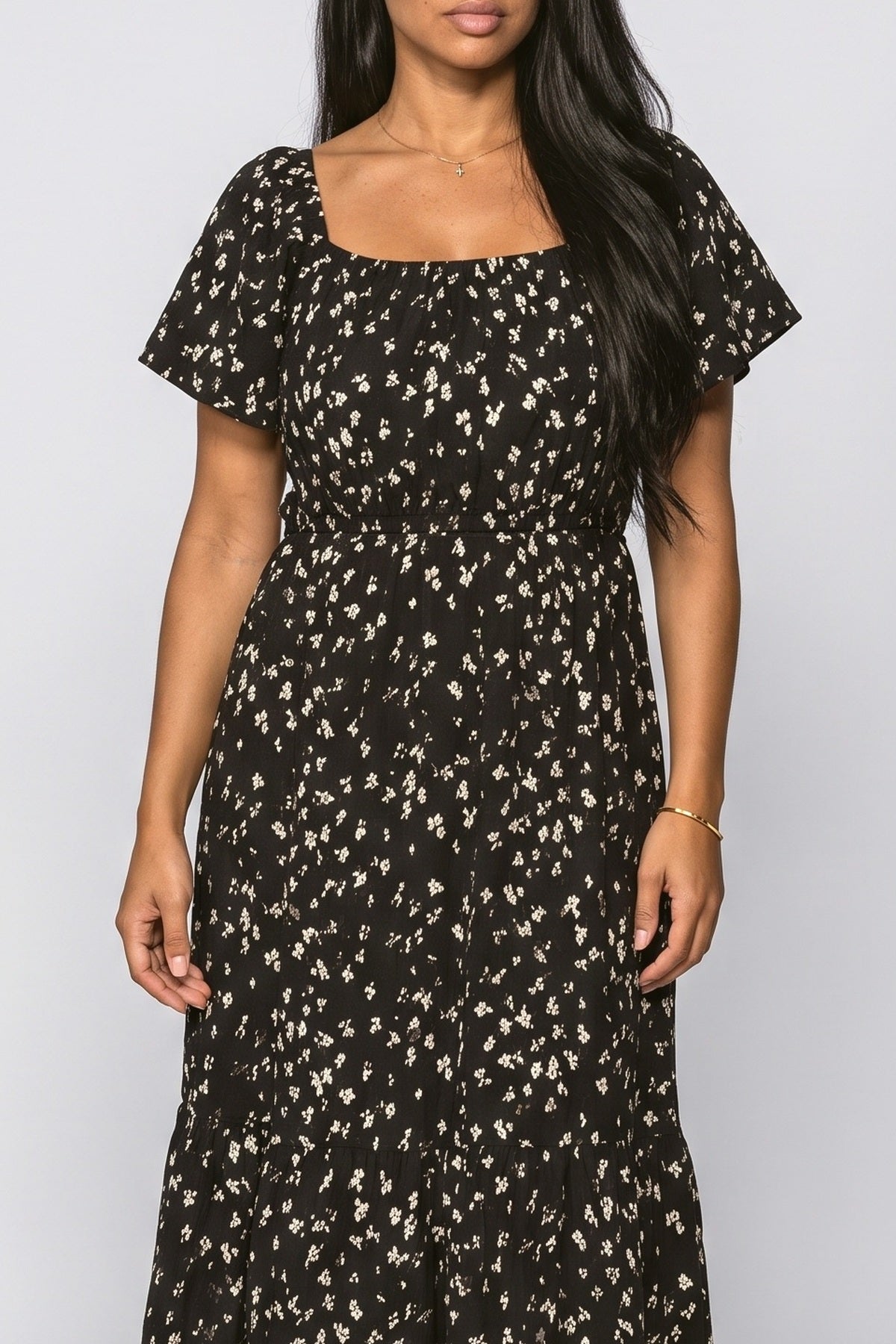 Square Neck Floral Tiered Midi Dress, fabric detail