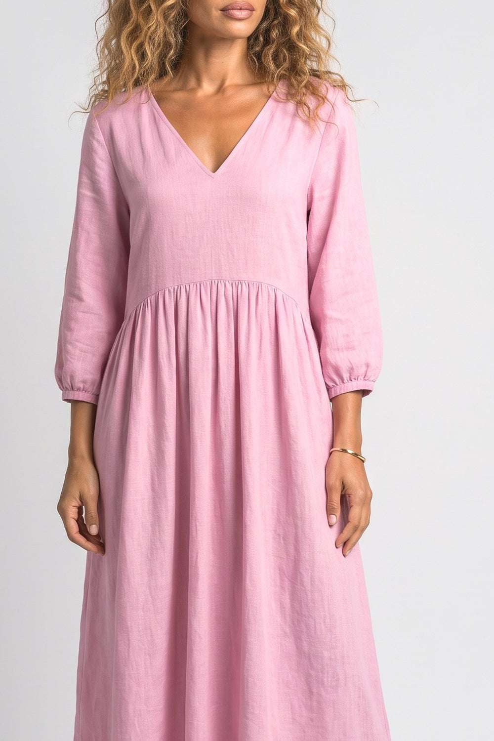 Linen V-Neck Pleated Maxi Dress, fabric detail