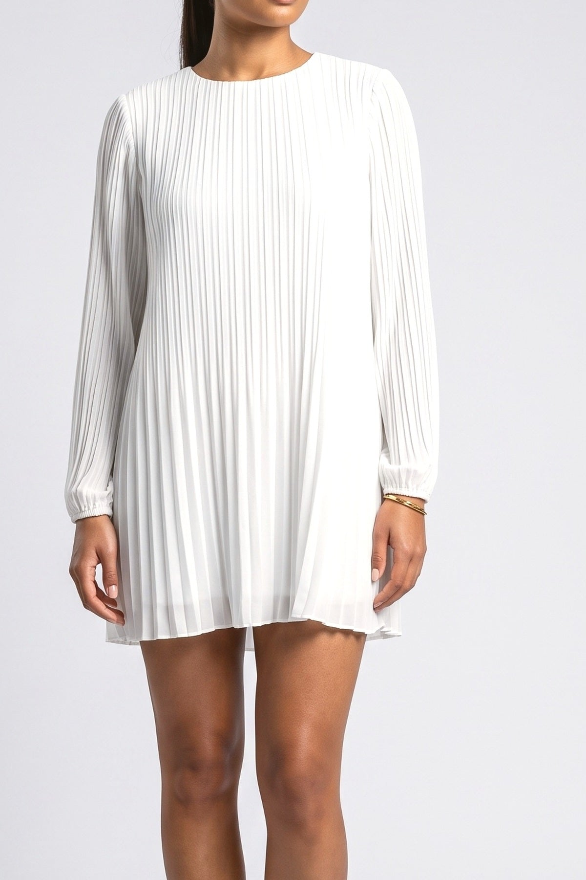 White Long Sleeve Pleated Mini Dress, fabric detail