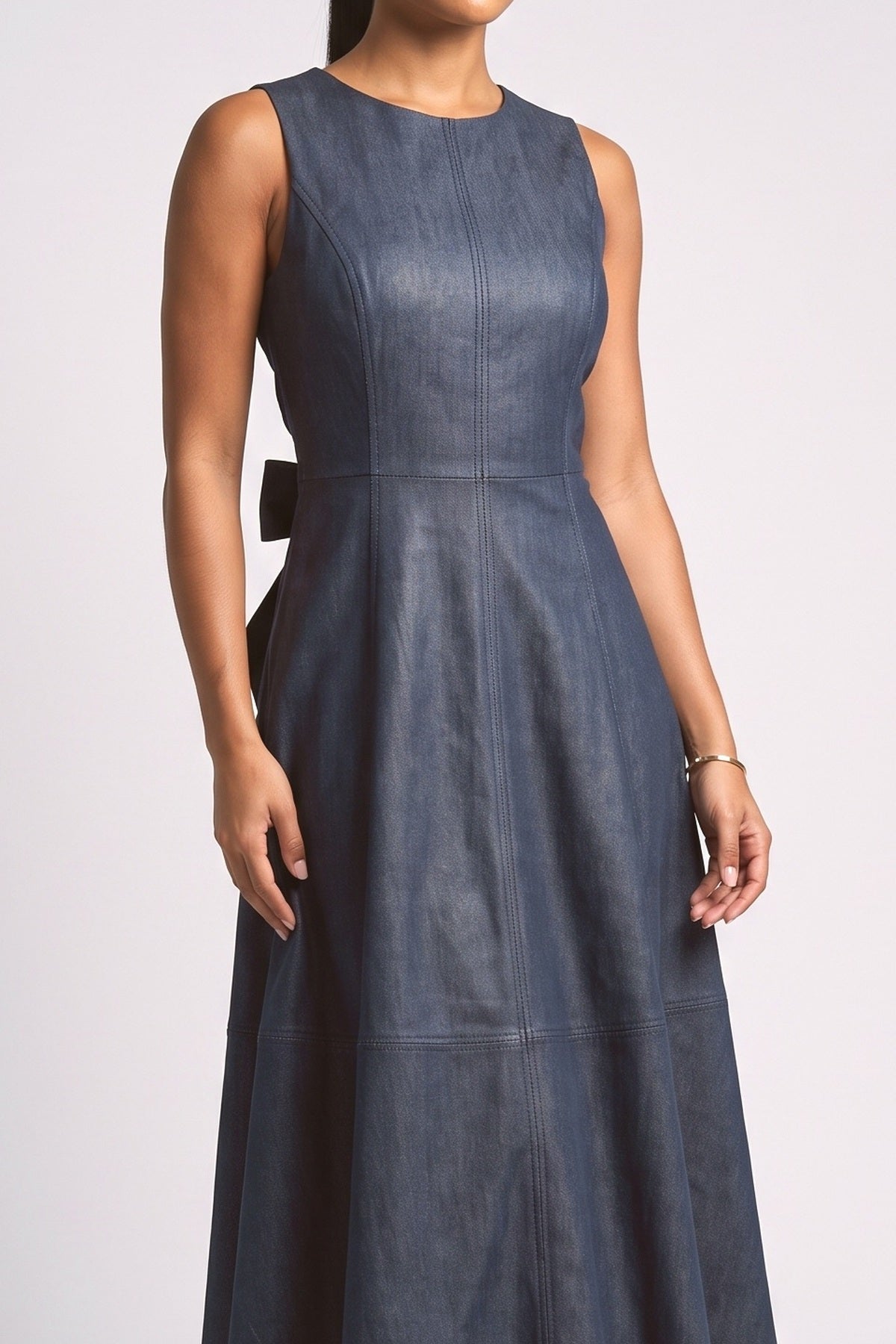 Sleeveless Leather-Look Midi Dress, fabric detail
