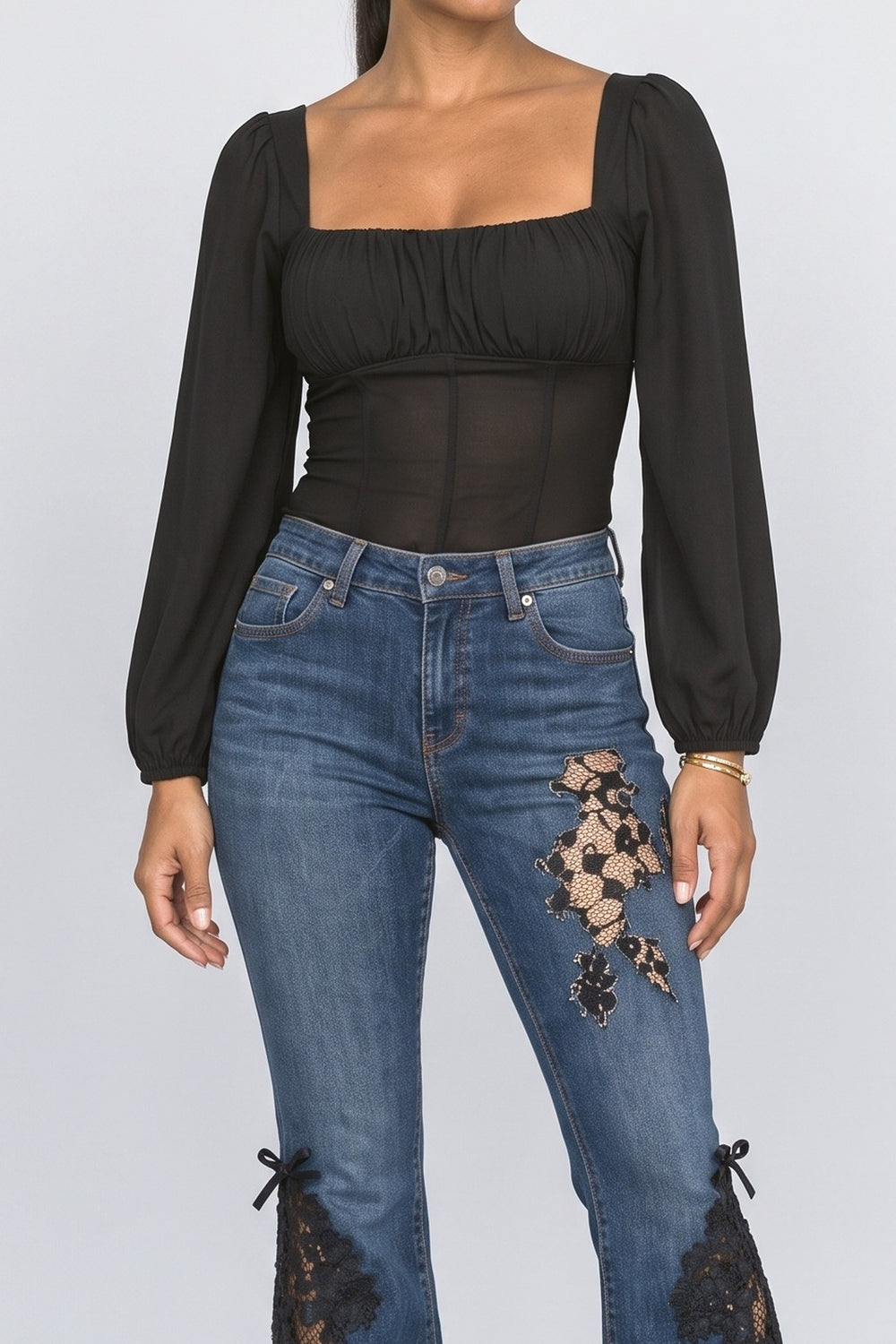 Navy Lace Floral Women's Jeans, fabric detail