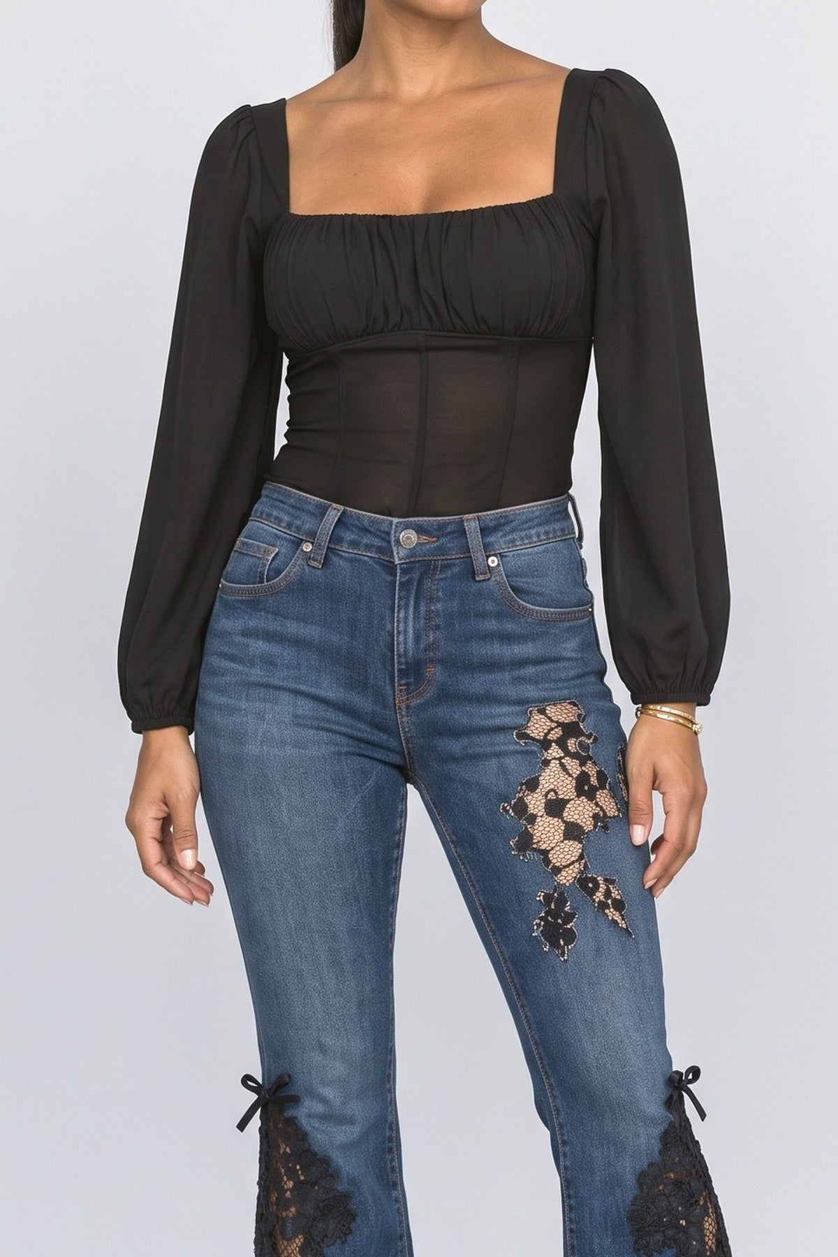 Navy Lace Floral Women's Jeans, fabric detail