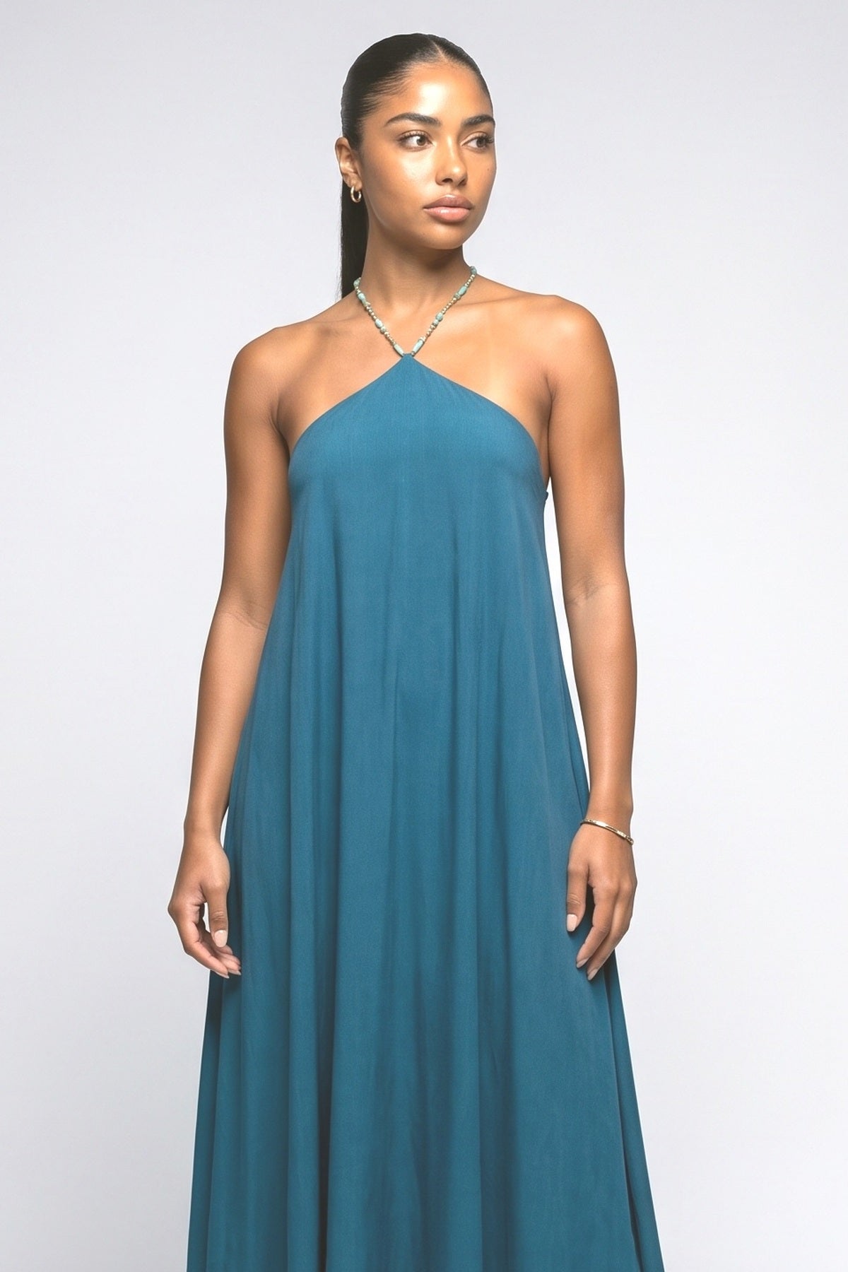 Beaded Halter Neck Flowy Maxi Dress, fabric detail