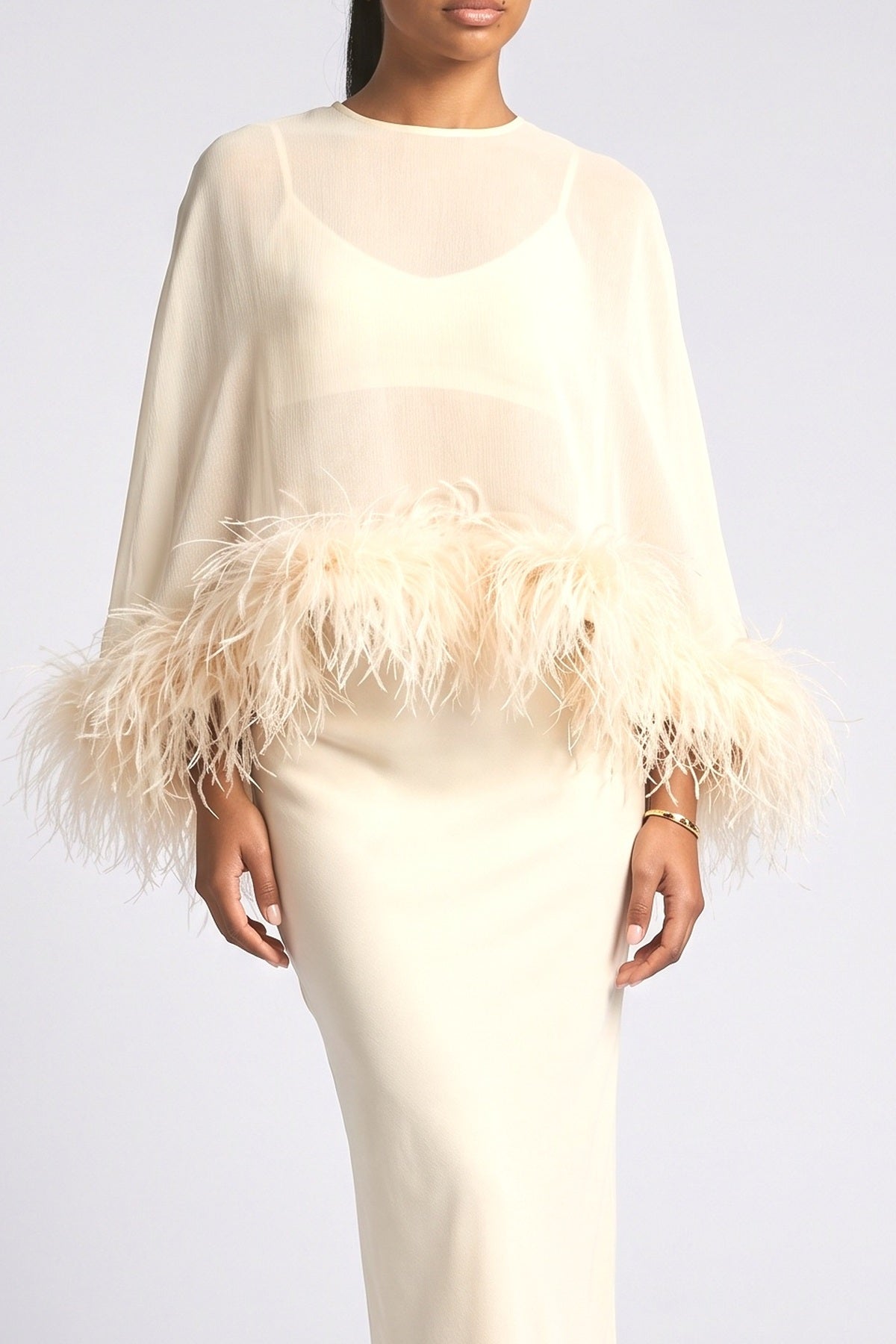 Chiffon Feather Trim Outfit Set, fabric detail