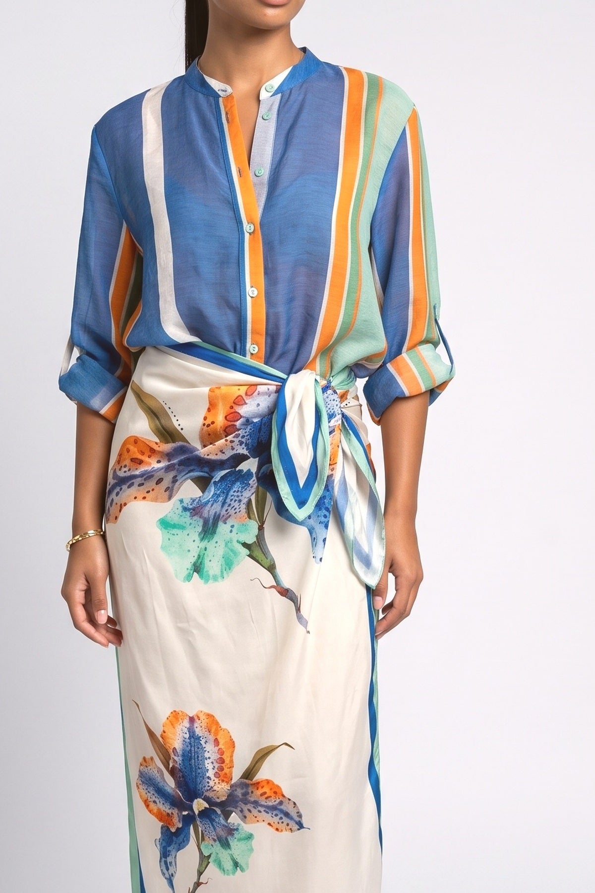 Multicolor Striped Wrap Outfit Set, fabric detail