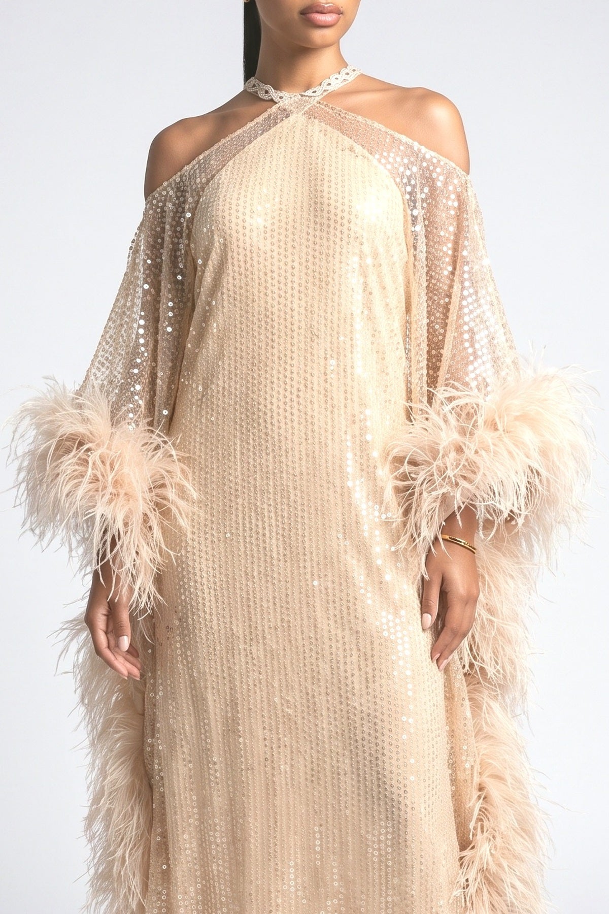 Beige Sequin Feather Trim Maxi Dress, fabric detail