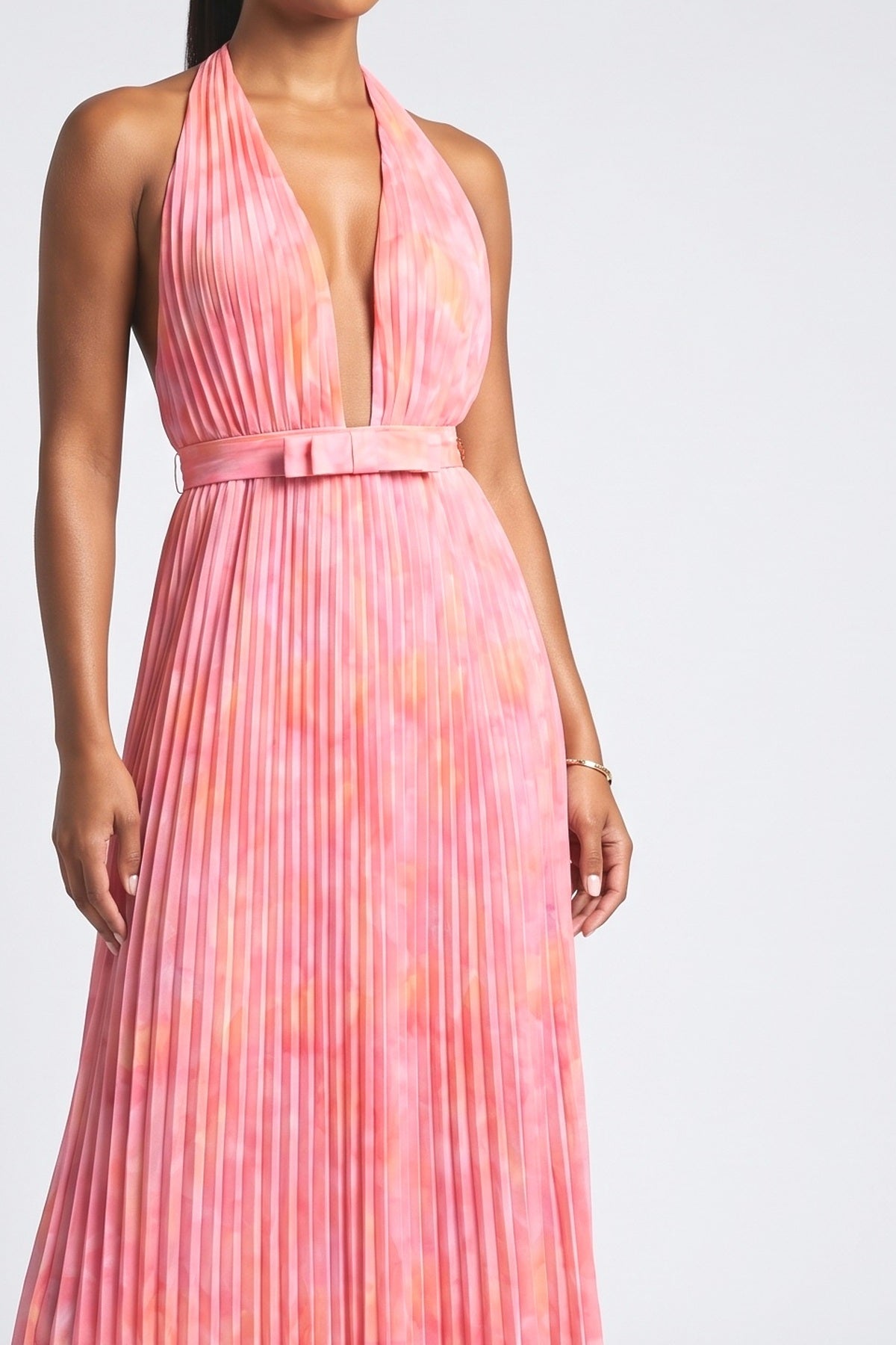 Pink Halter Neck Pleated Maxi Dress, fabric detail