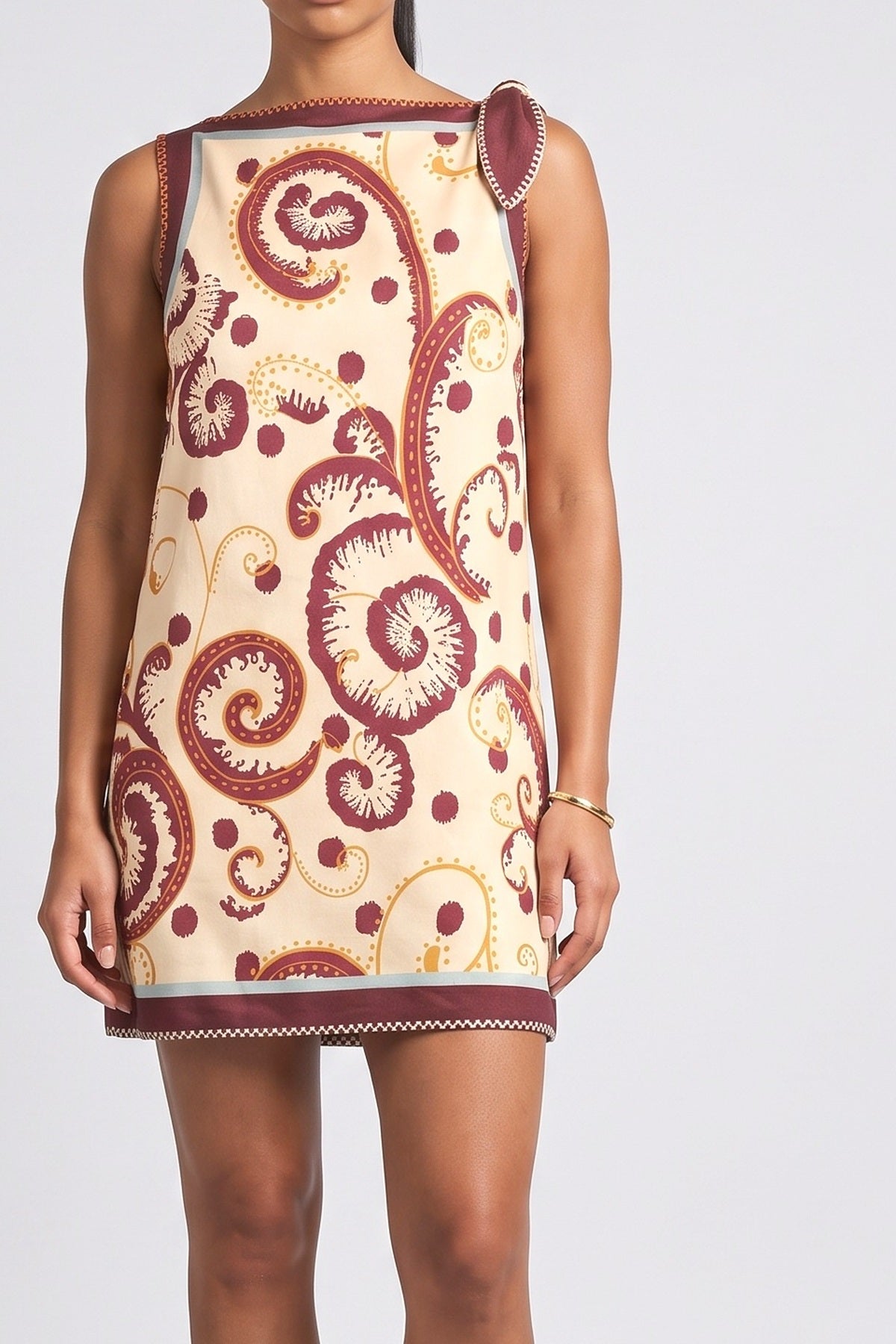 Palelis Print Straight Neck Tie-Waist Mini Dress, fabric detail