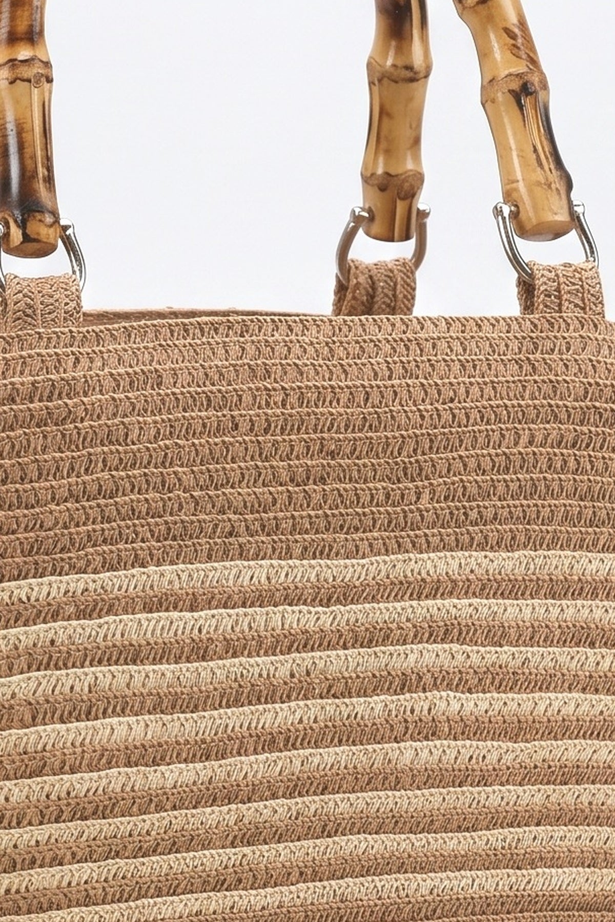 Bamboo Handle Striped Contrast Color Straw Handbag, fabric detail
