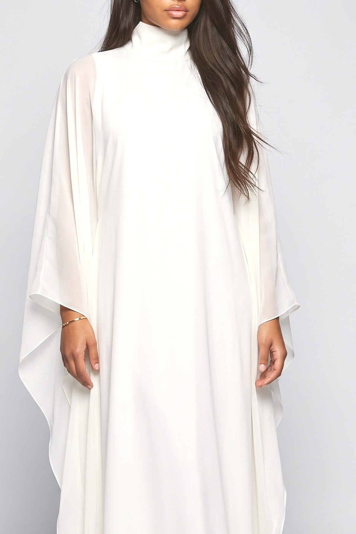 High-Neck Flowing Cape Maxi Dress, fabric detail