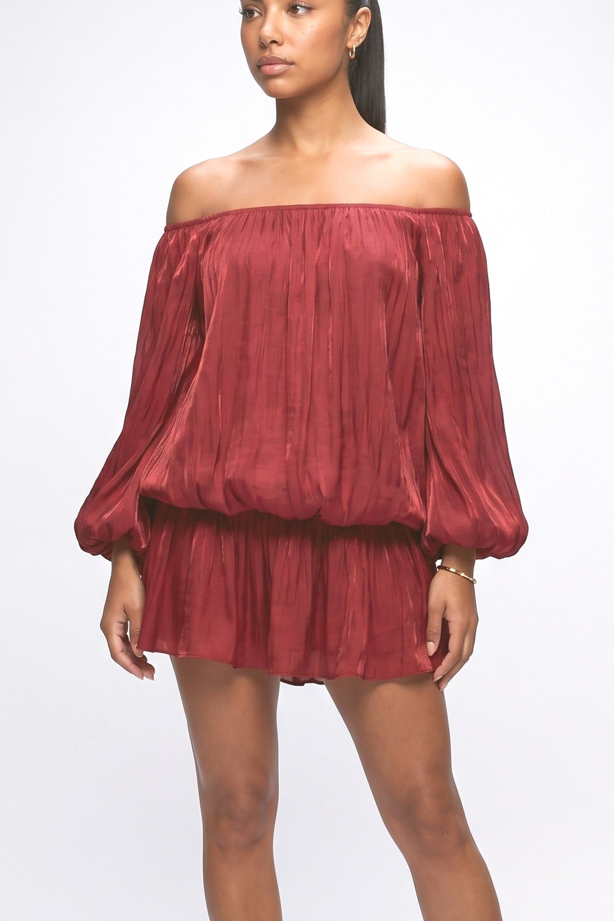 Red Off-Shoulder Ruched Mini Dress, fabric detail