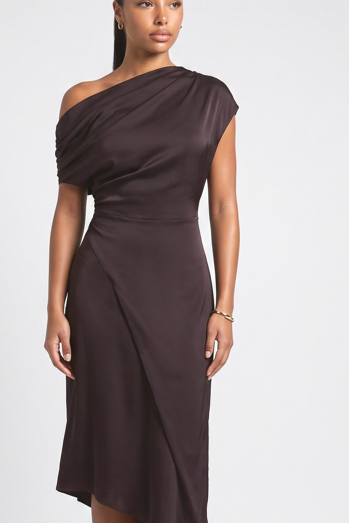 Brown Off-Shoulder Pleated Midi Dress, fabric detail