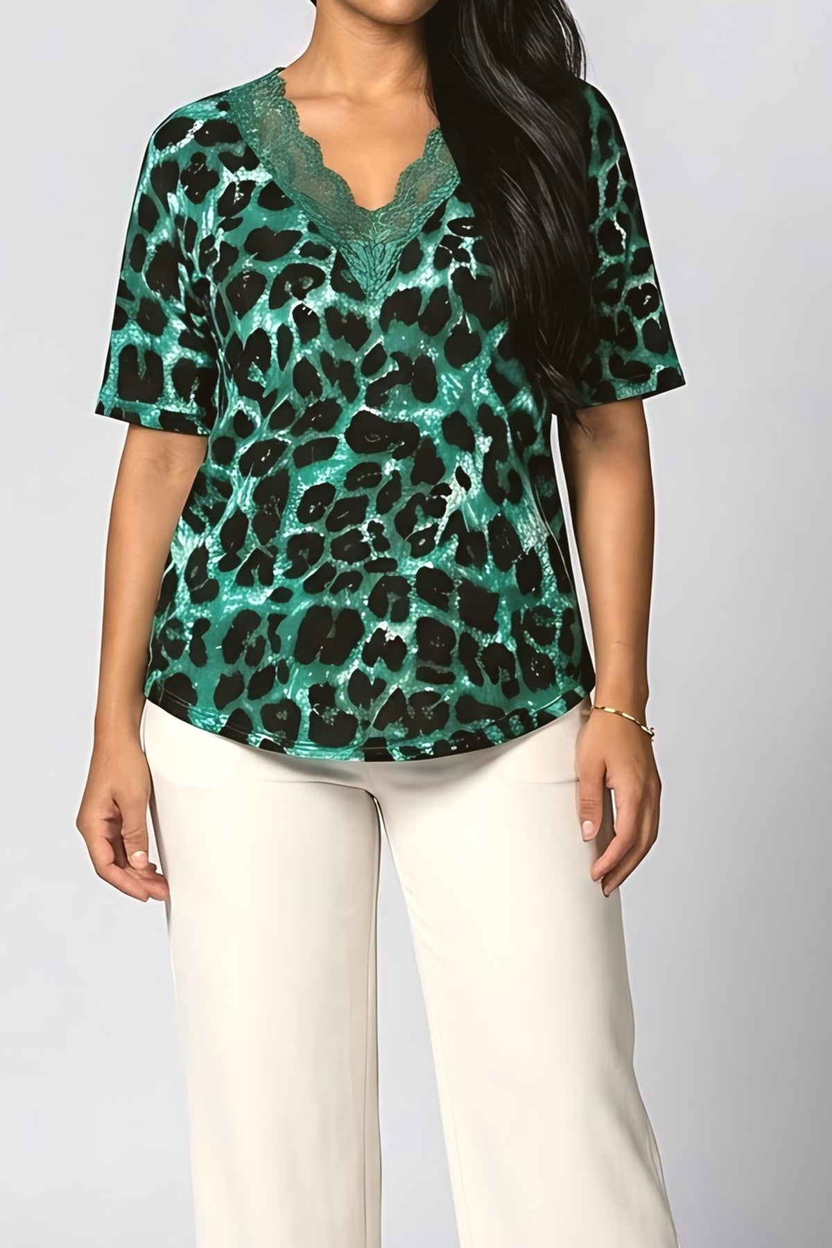 Lace V-Neck Leopard Blouse, fabric detail