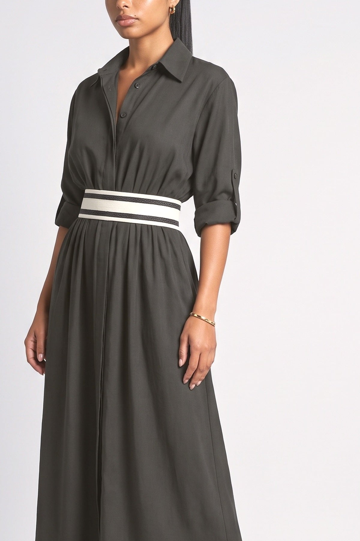 Collared Single-Breasted Waist-Drawn Maxi Dress, fabric detail