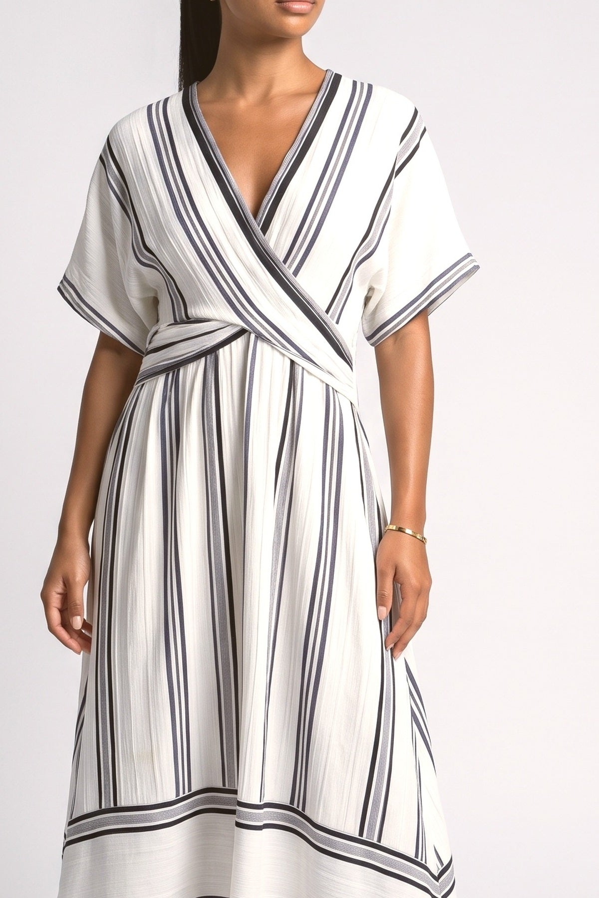 White Striped V-Neck Maxi Dress, fabric detail