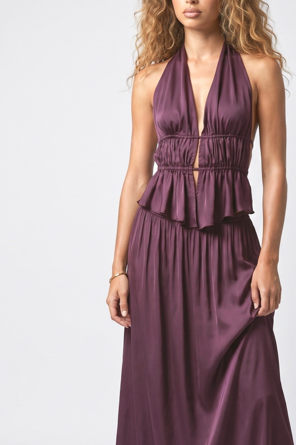 Purple Satin Ruched Outfit Set, fabric detail