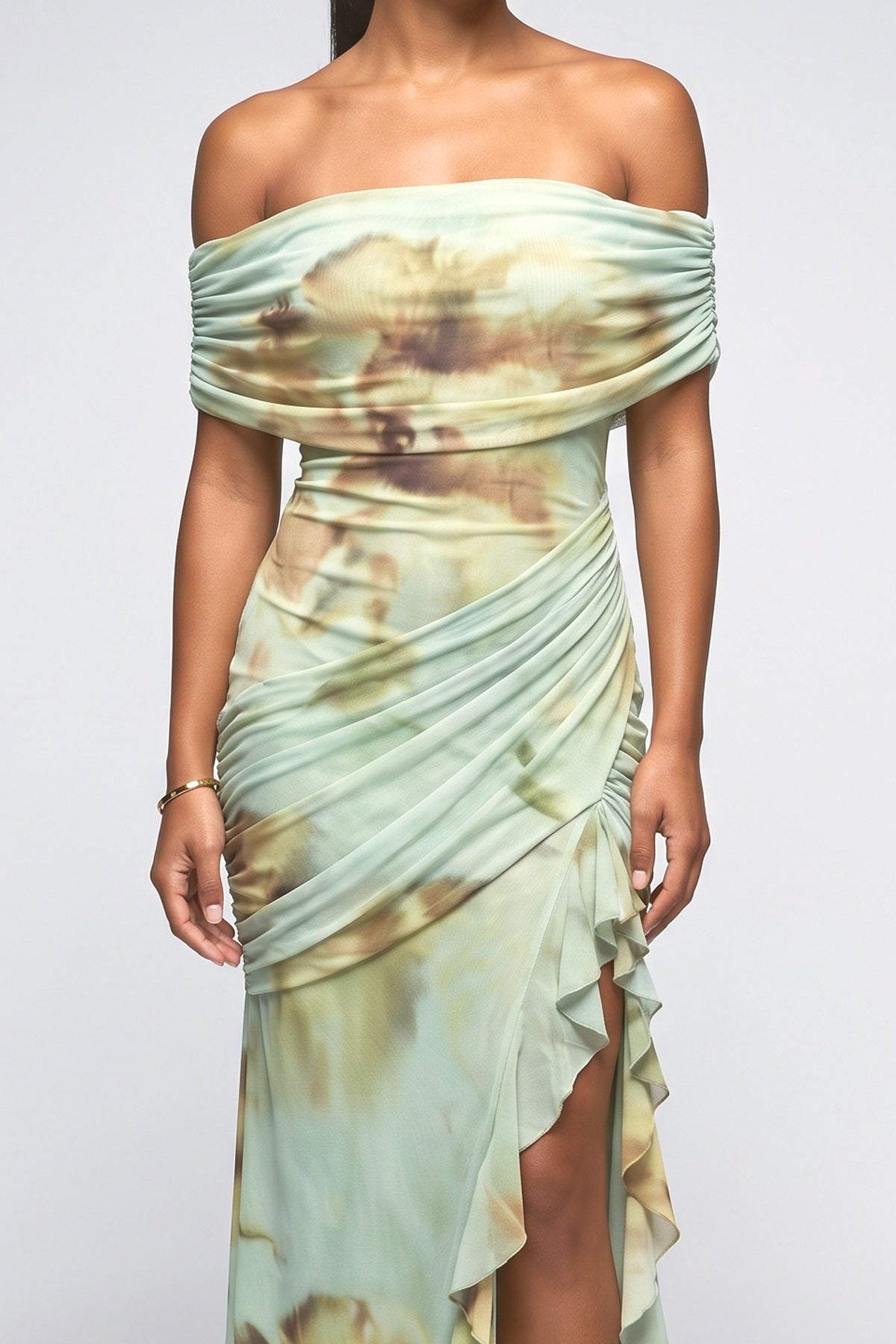 Multicolor Print Off-Shoulder Slit Maxi Dress, fabric detail