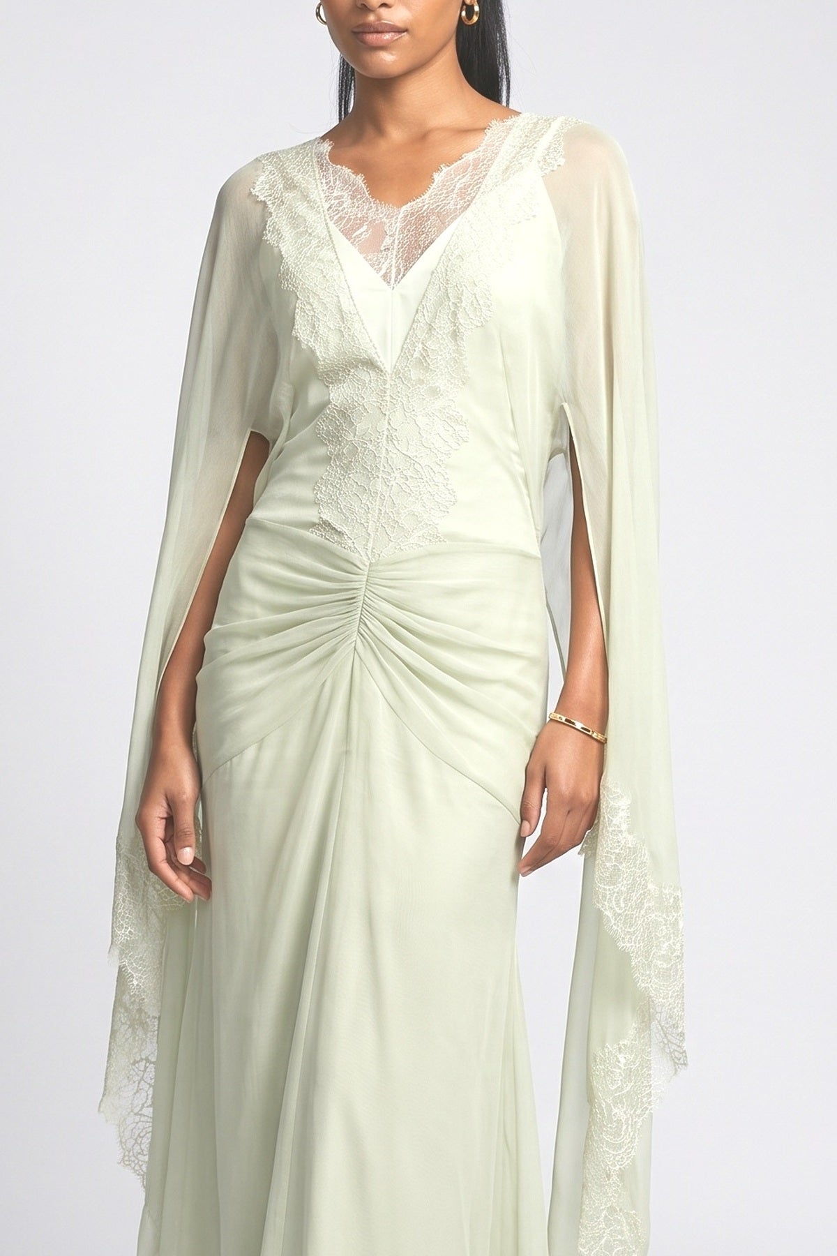 Green Lace Ruched Maxi Dress, fabric detail
