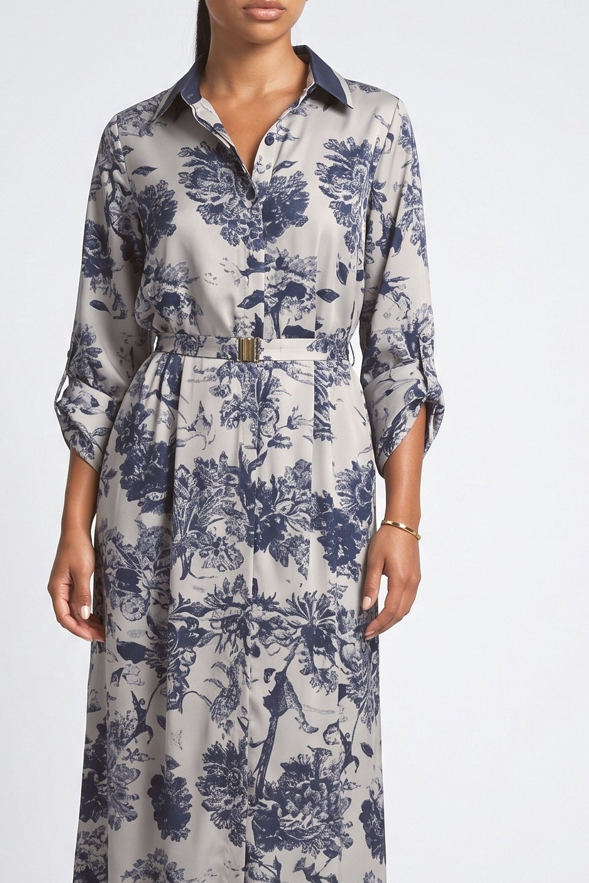 Blue Floral Satin Relaxed Maxi Dress, fabric detail