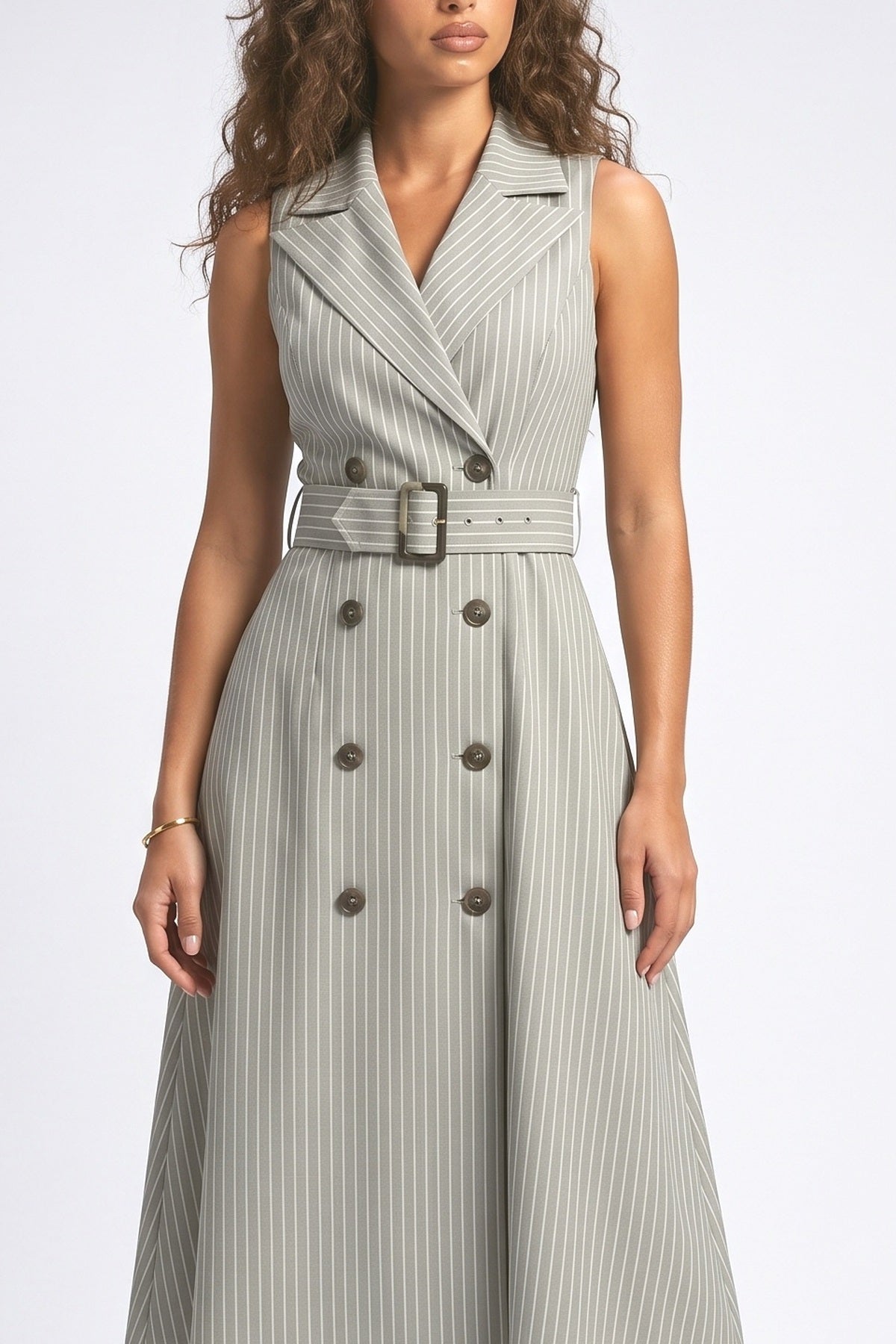 White Striped Sleeveless Midi Dress, fabric detail
