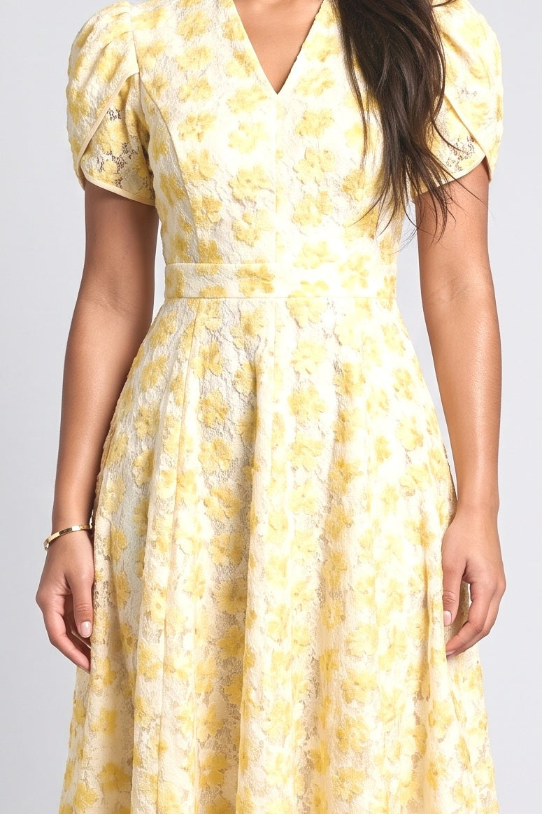 Yellow Floral Puff Sleeve Midi Dress, fabric detail