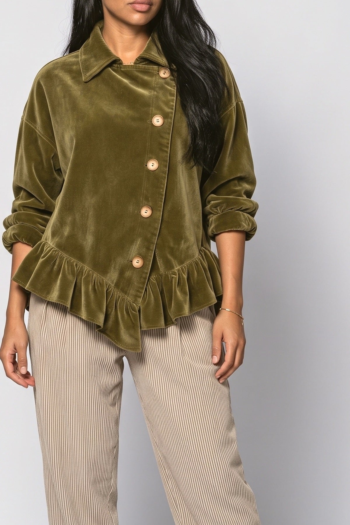 Green Cowl Neck Asymmetric Blouse, fabric detail