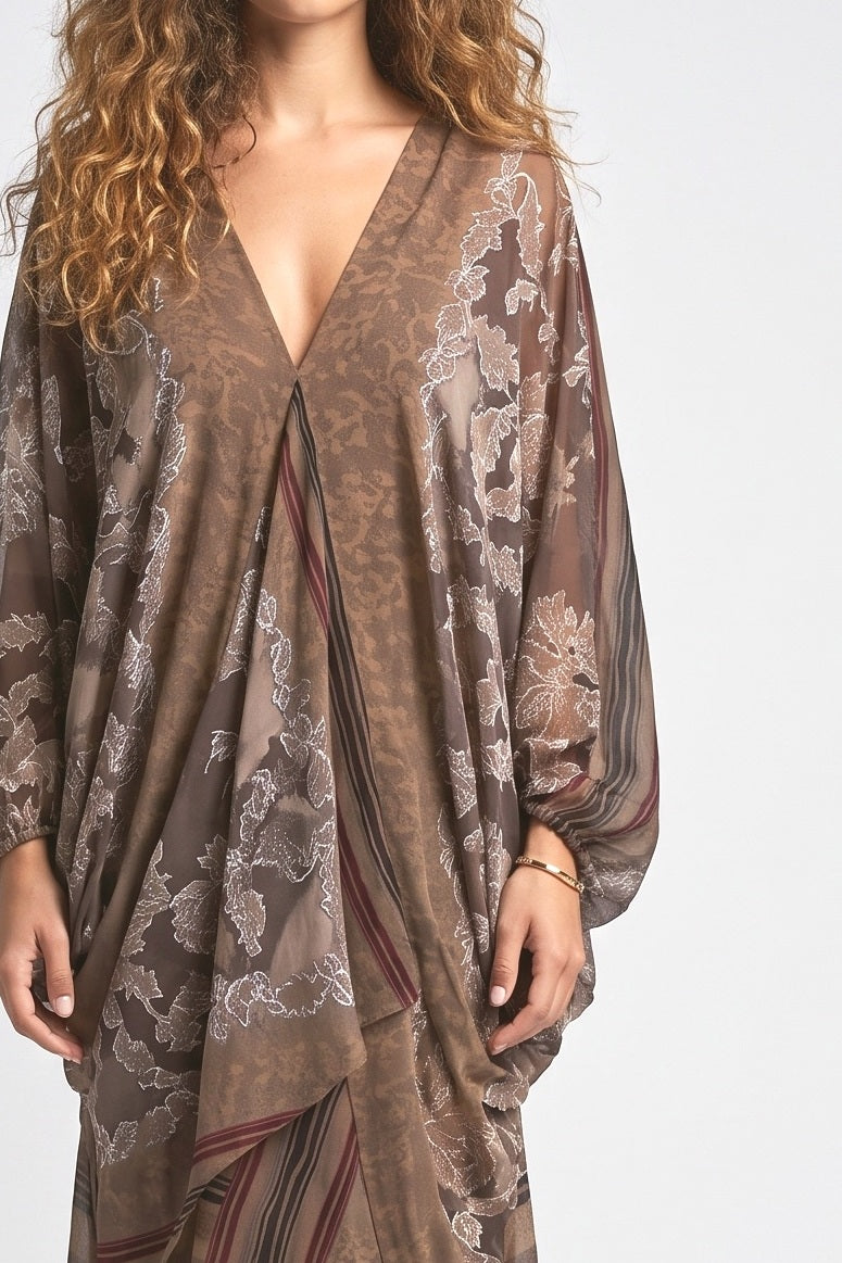 Brown Chiffon V-Neck Maxi Dress, fabric detail
