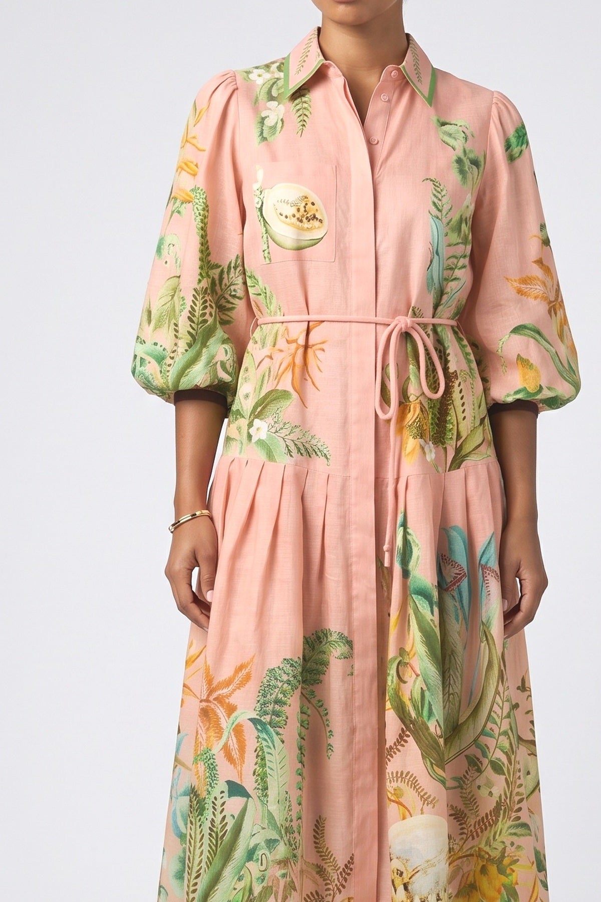 Papaya Bloom Belted Printed Maxi Dress, fabric detail