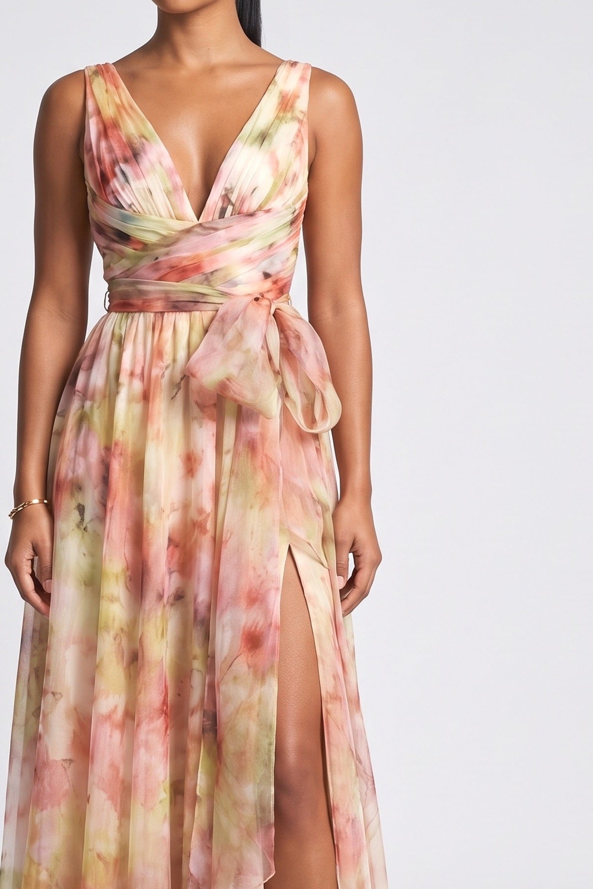Multicolor Abstract V-Neck Maxi Dress, fabric detail