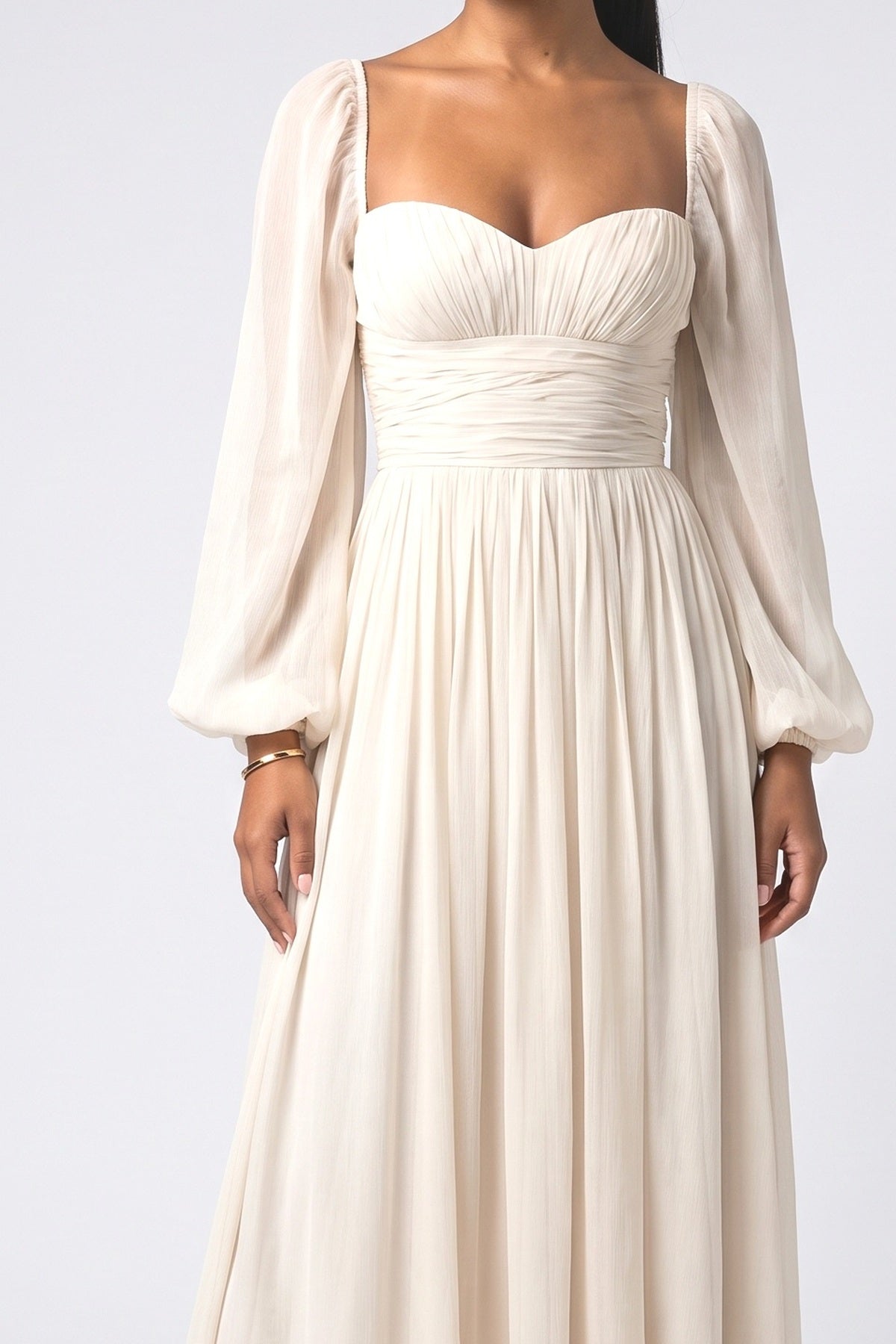 Beige Chiffon Puff Sleeve Pleated Maxi Dress, fabric detail