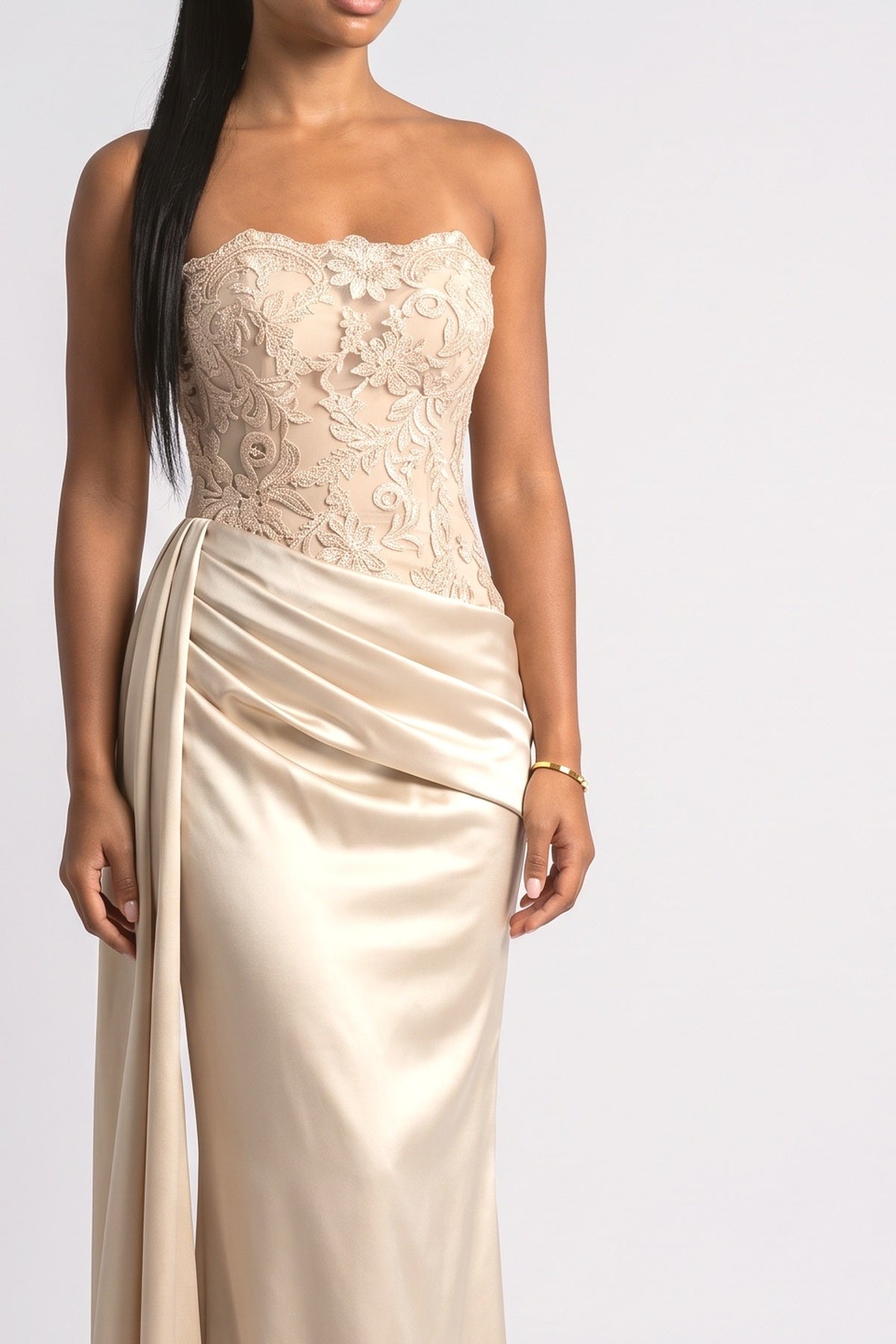 Beige Floral Satin Strapless Maxi Dress, fabric detail