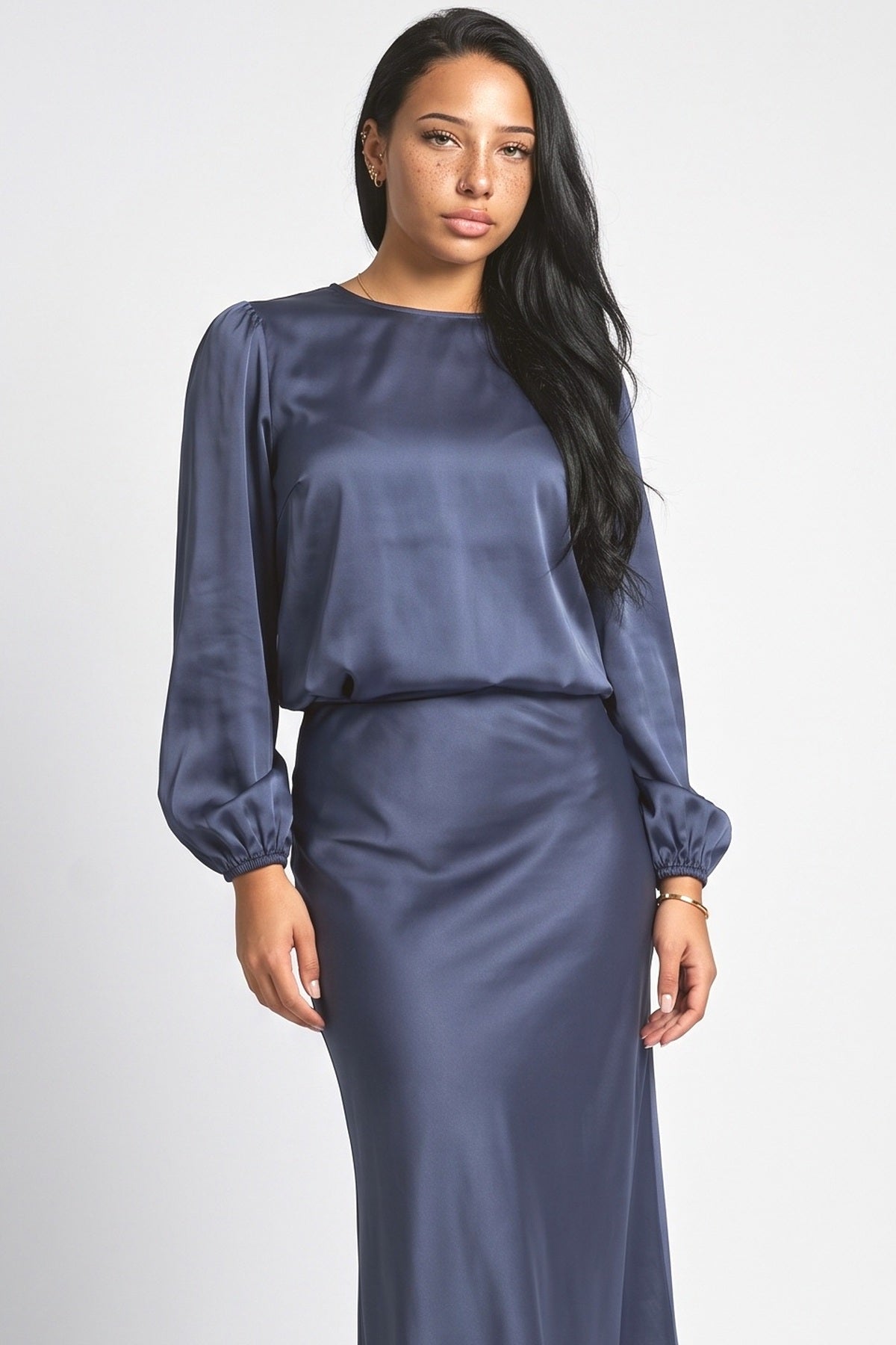 Satin Puff Sleeve Outfit Set, fabric detail