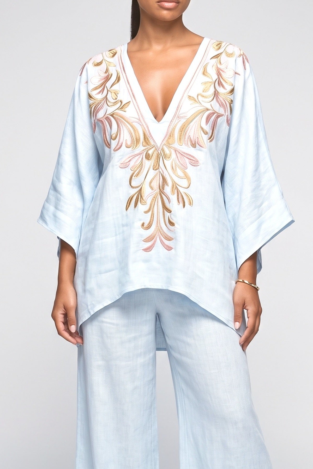 V-Neck Batwing Sleeve Outfit Set, fabric detail