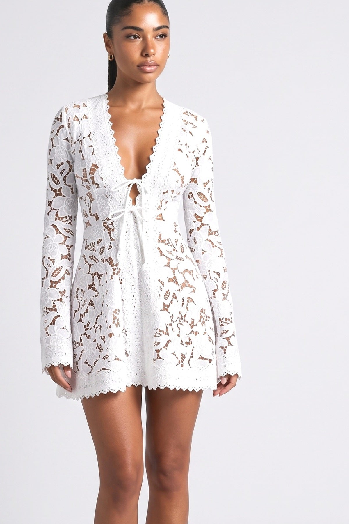 White Lace V-Neck Mini Dress, fabric detail