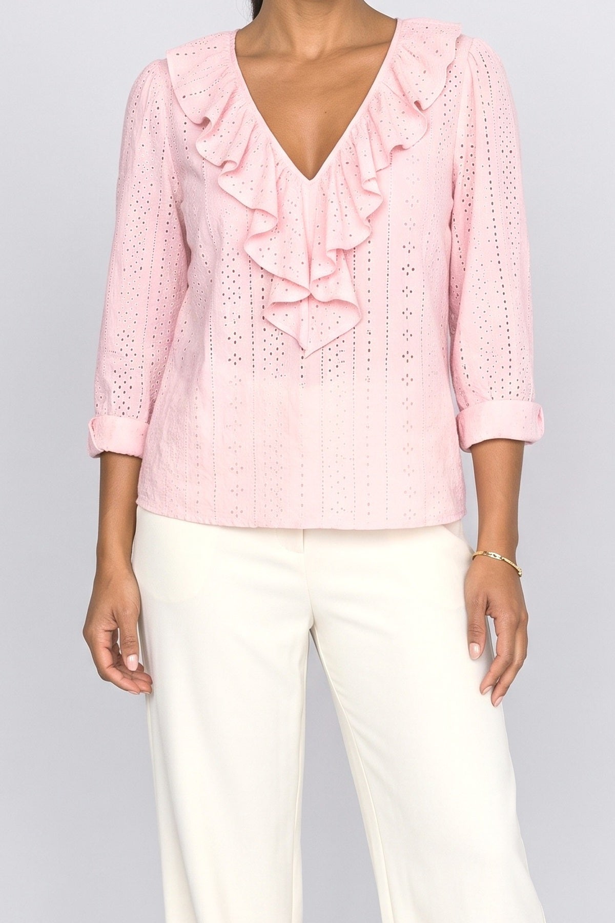V-Neck Long Sleeve Ruffle Blouse, fabric detail