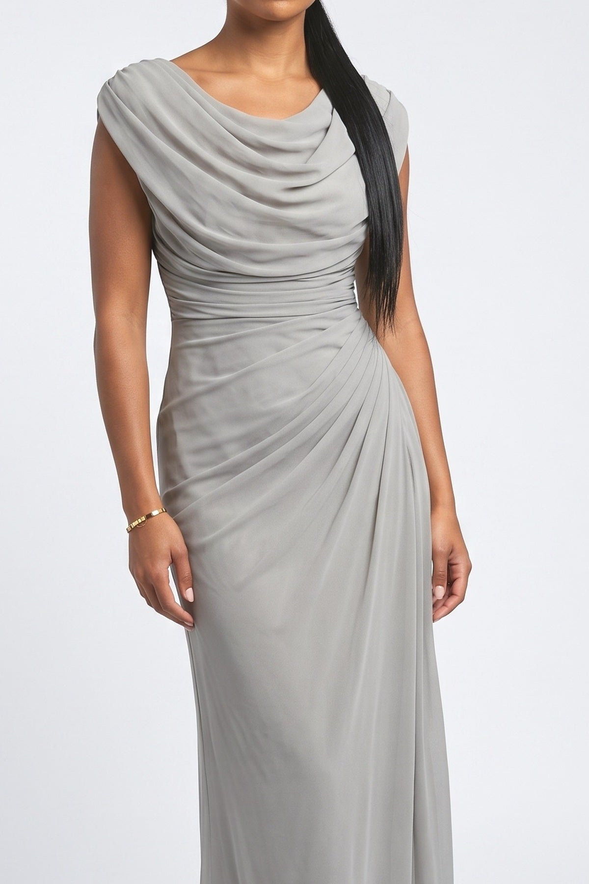 Gray Chiffon Pleated Maxi Dress, fabric detail