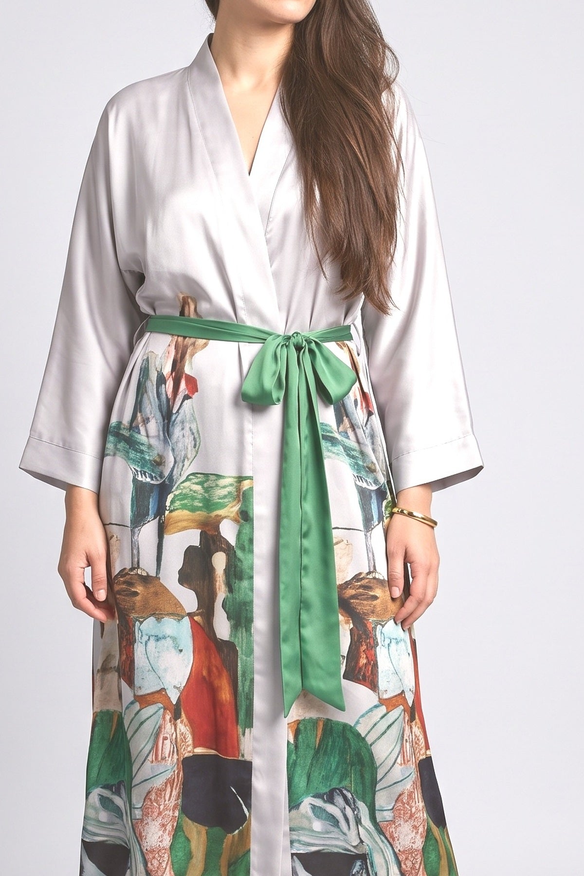 Artistic Print Long Robe Style Maxi Dress, fabric detail
