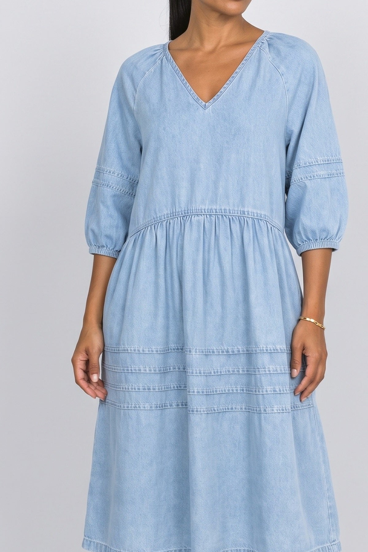 Denim V-Neck Puff Sleeve Midi Dress, fabric detail