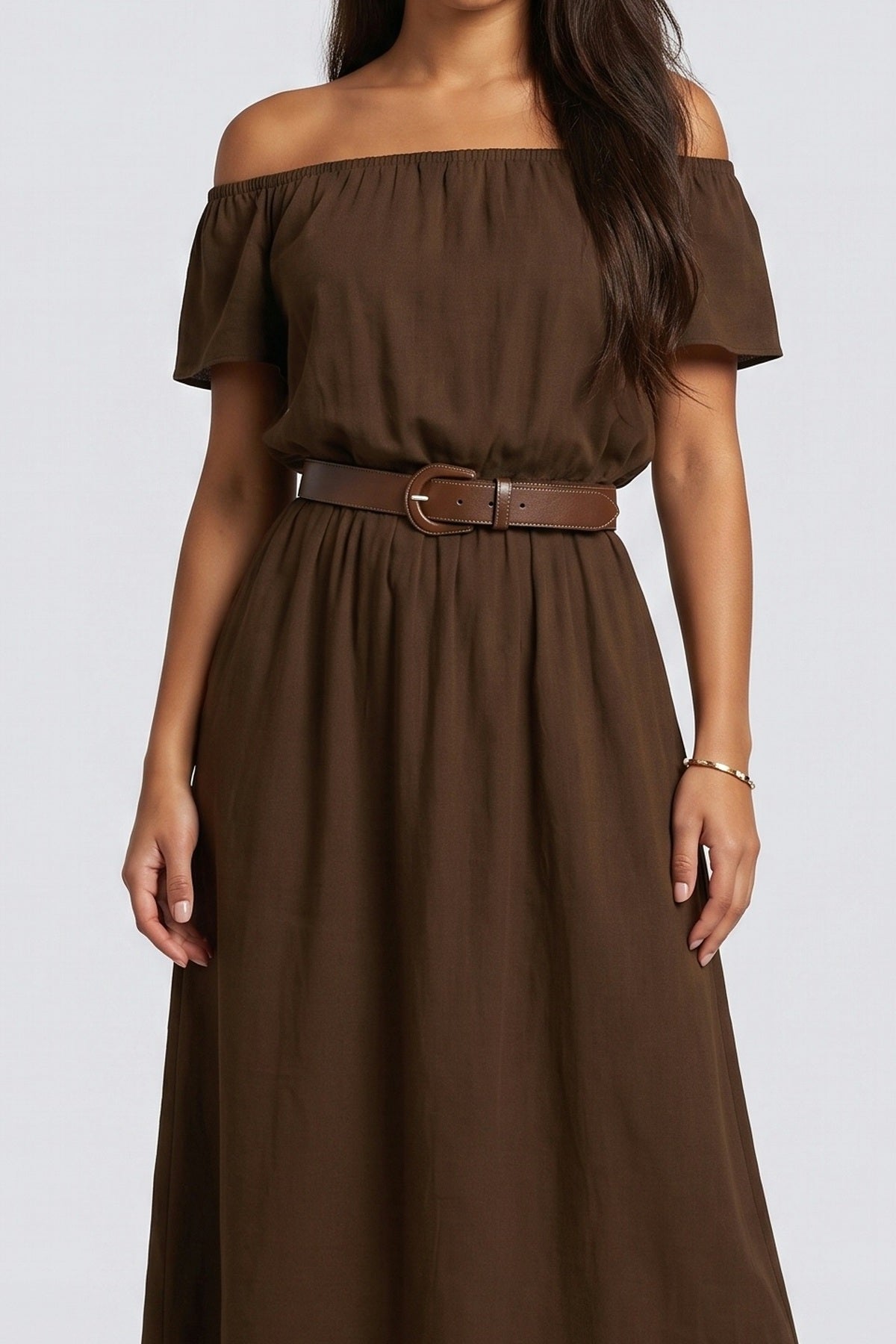 Brown Off-Shoulder Dress, fabric detail