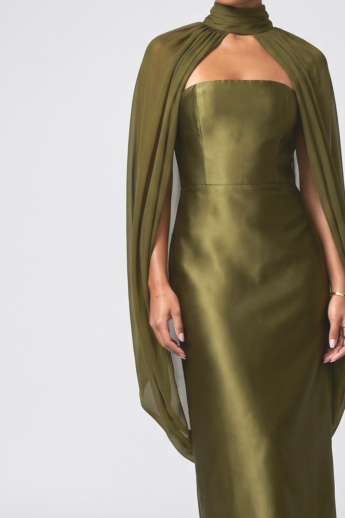 Satin Strapless Cape Maxi Dress, fabric detail