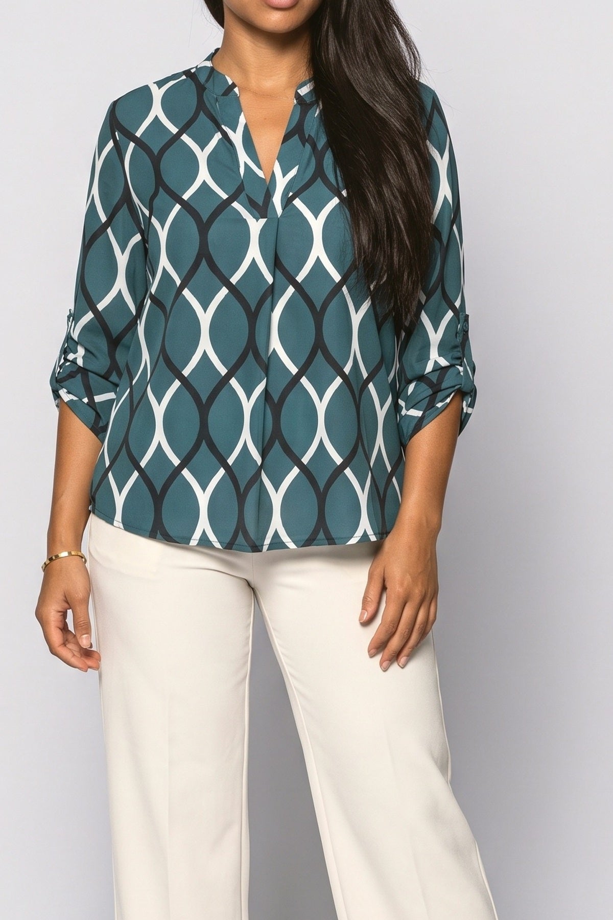 V-Neck Print Flowy Blouse, fabric detail