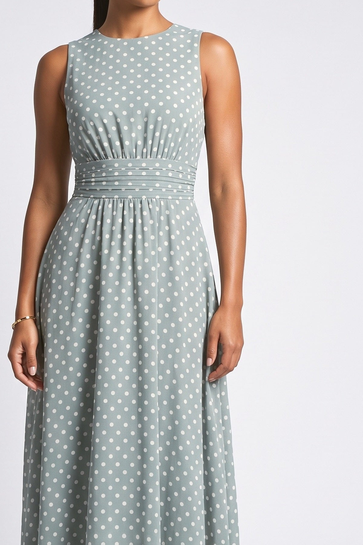 White Polka Dot Pleated Maxi Dress, fabric detail
