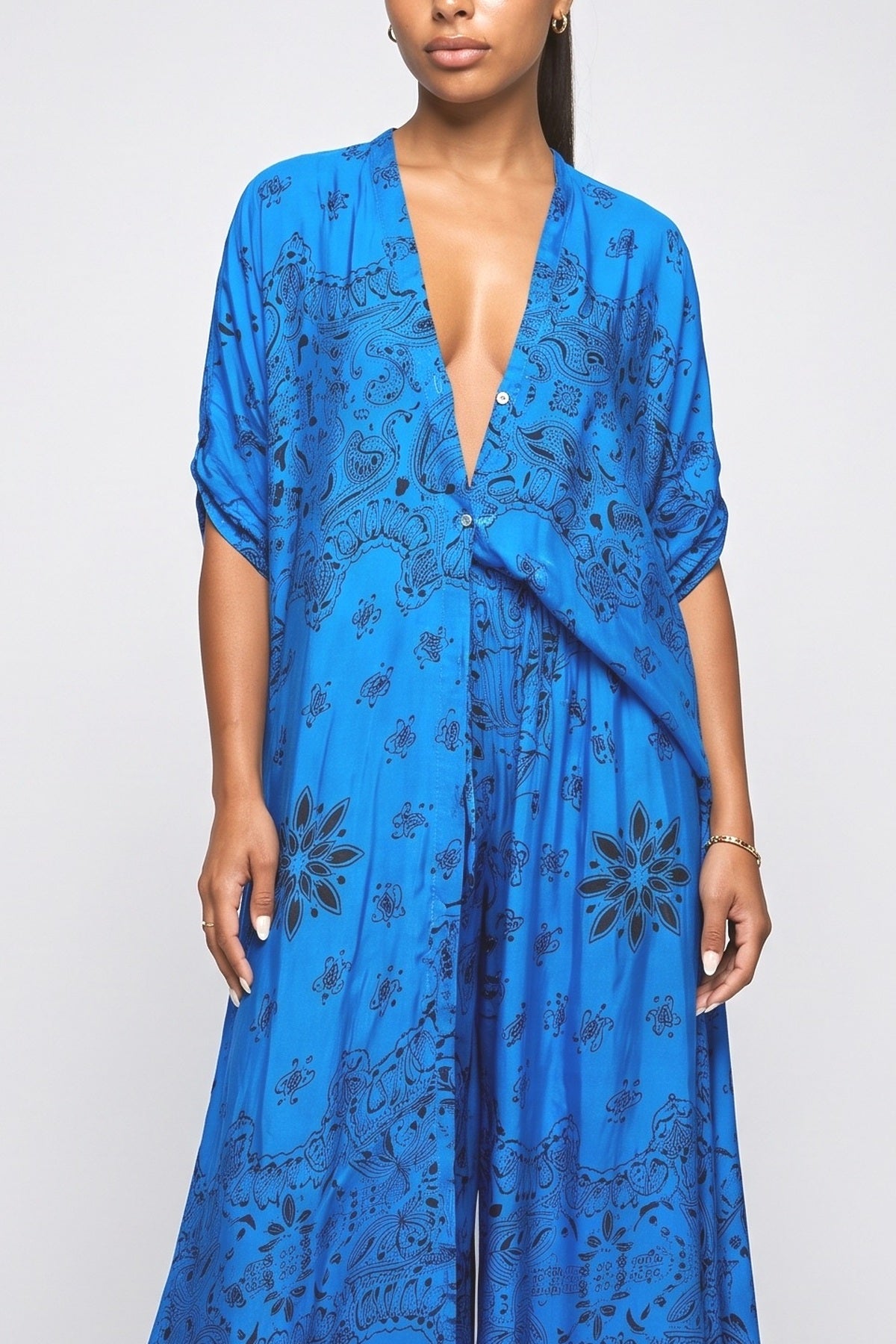 Boho Print Deep V-Neck Top & Wide Leg Pants Two-Piece Set, fabric detail