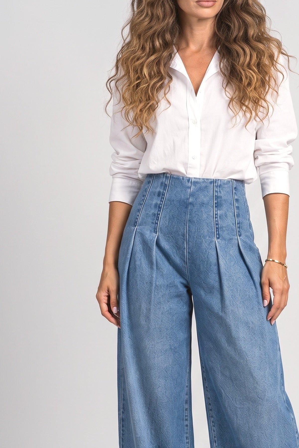 Blue Pleated Wide Leg Jeans, fabric detail