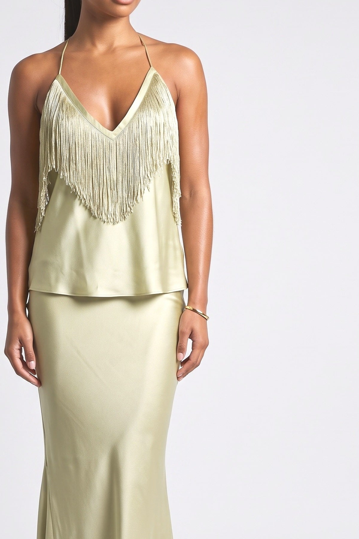 Satin Fringe Outfit Set, fabric detail