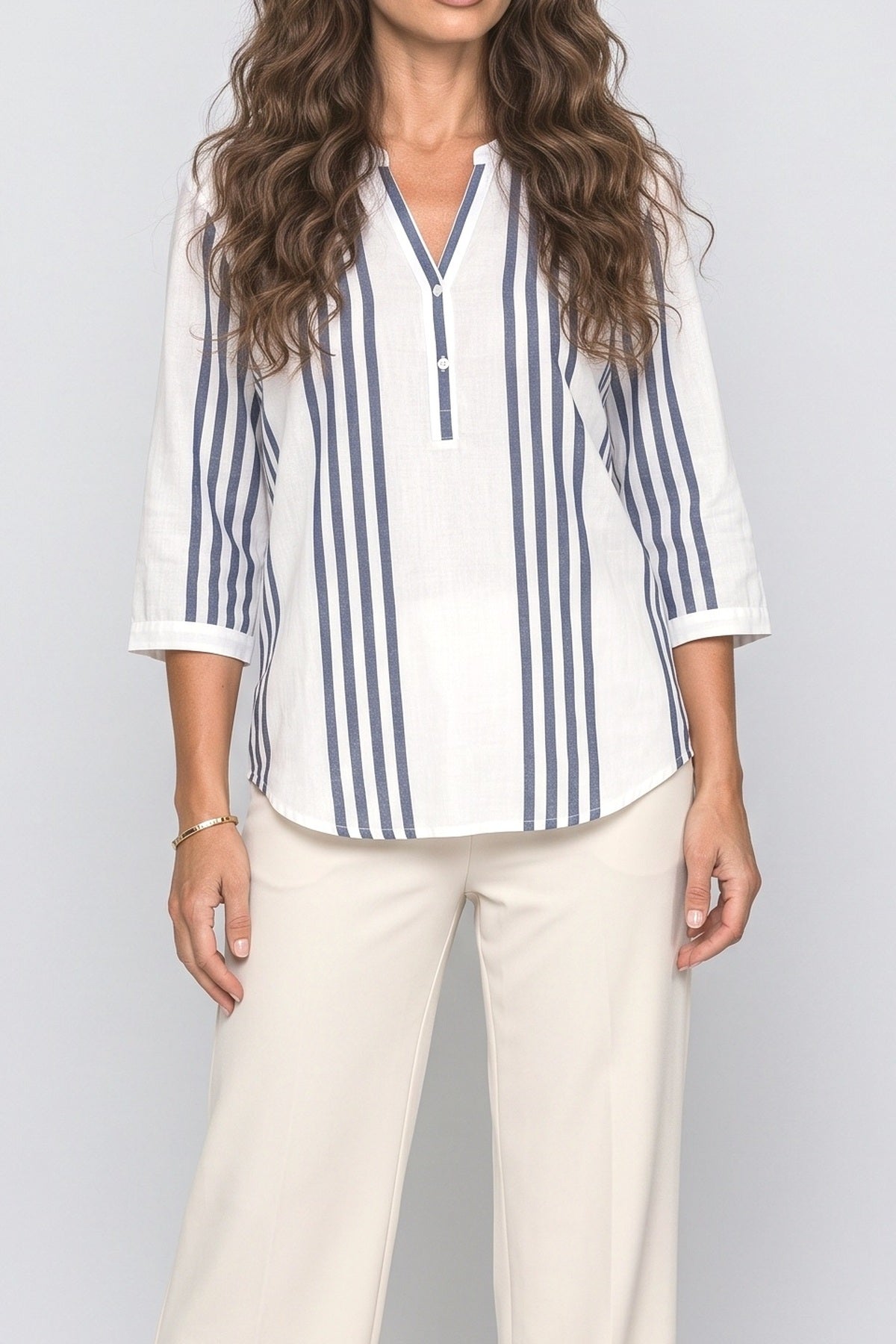 Blue V-Neck Striped Blouse, fabric detail