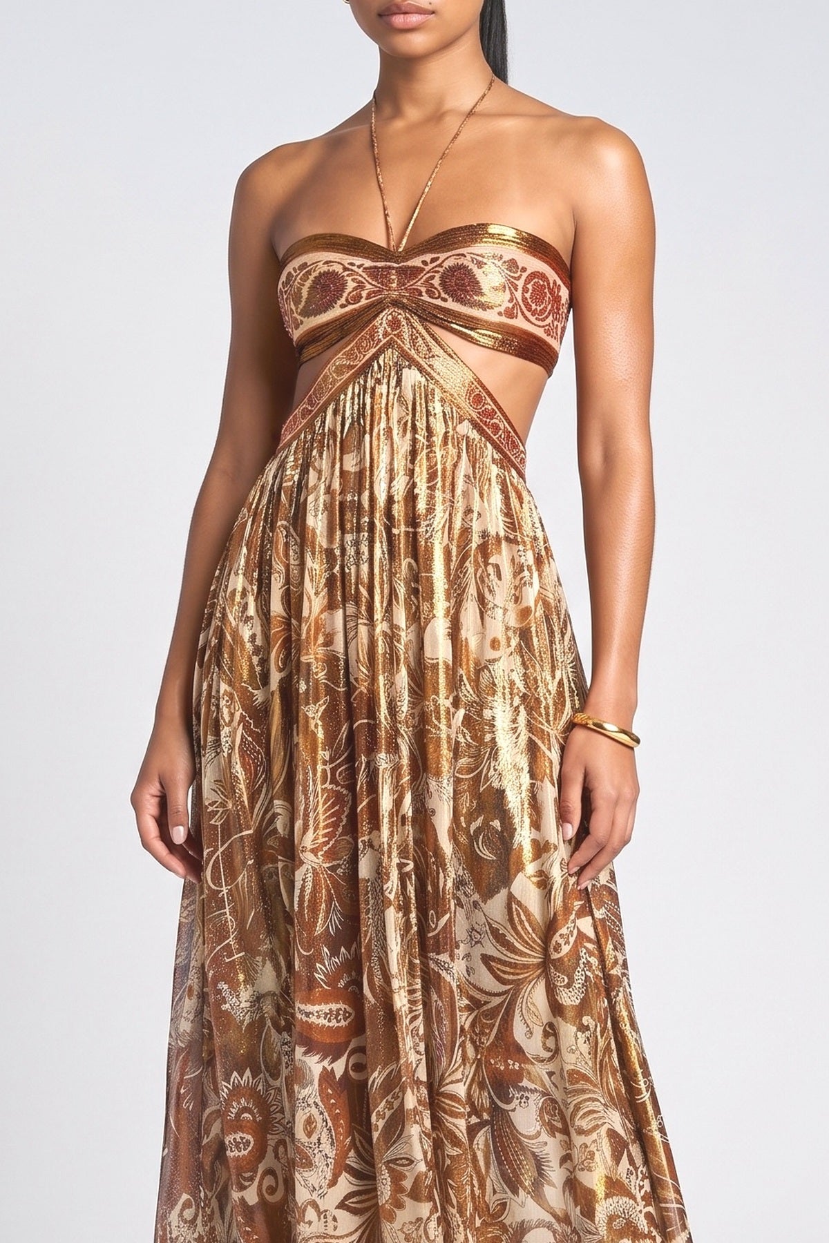 Gold Halter Neck Maxi Dress, fabric detail